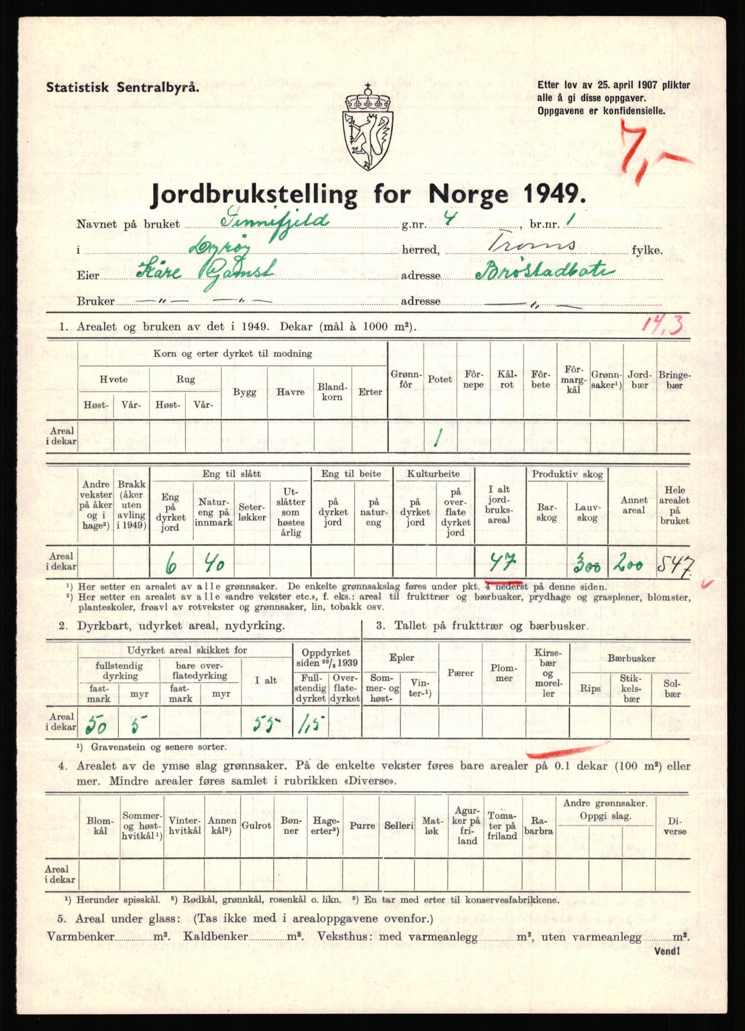 Statistisk sentralbyrå, Næringsøkonomiske emner, Jordbruk, skogbruk, jakt, fiske og fangst, AV/RA-S-2234/G/Gc/L0440: Troms: Sørreisa og Dyrøy, 1949, p. 1523