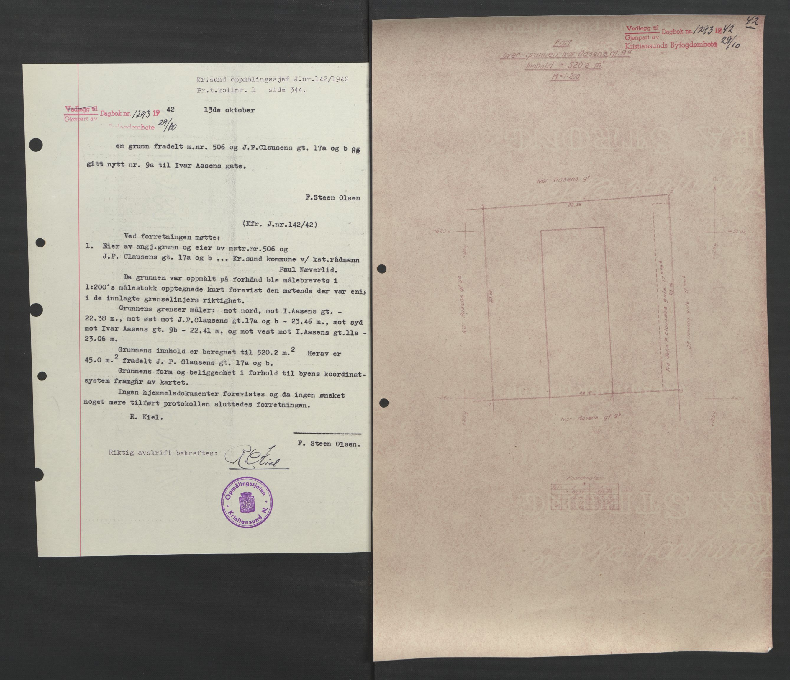 Kristiansund byfogd, AV/SAT-A-4587/A/27: Mortgage book no. 37, 1942-1945, Diary no: : 1293/1942