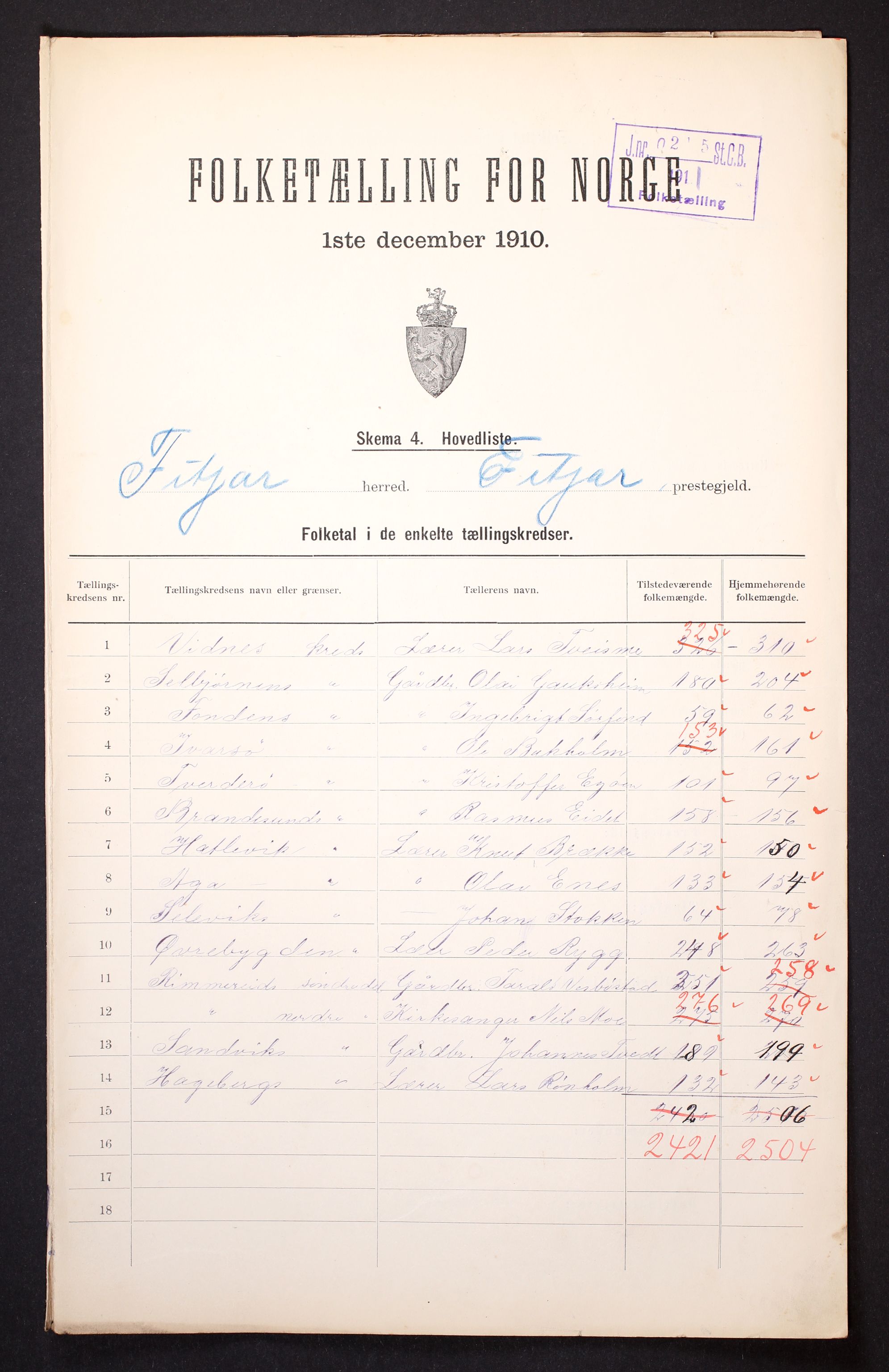 RA, 1910 census for Fitjar, 1910, p. 2