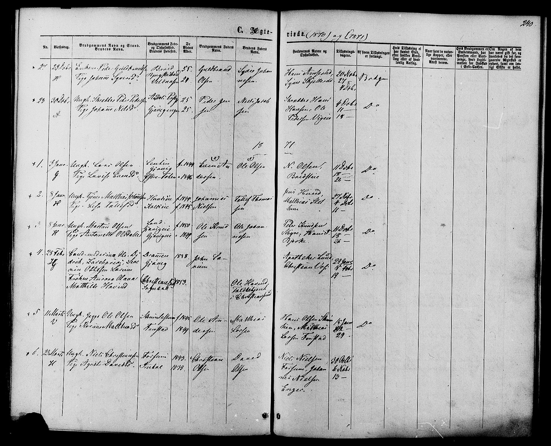 Vardal prestekontor, SAH/PREST-100/H/Ha/Haa/L0007: Parish register (official) no. 7, 1867-1878, p. 240