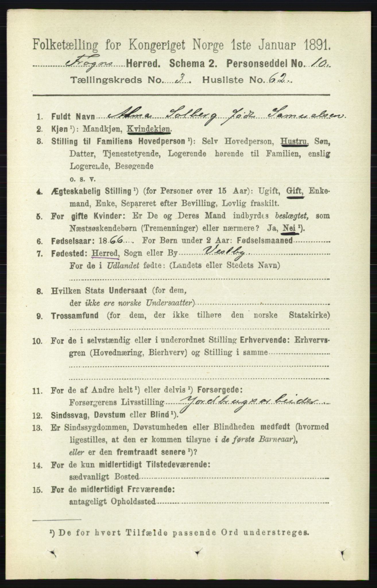 RA, 1891 census for 0215 Frogn, 1891, p. 2313