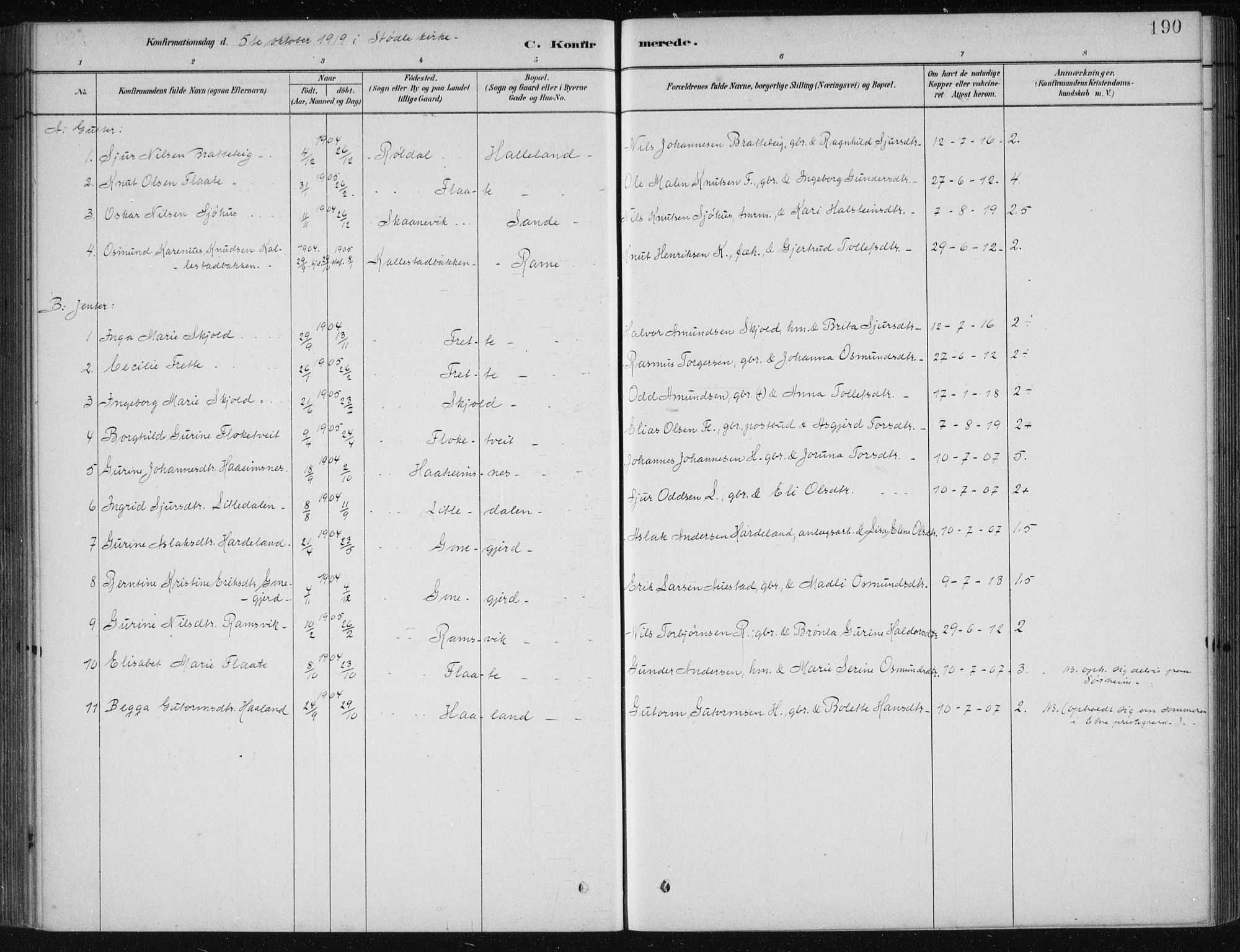Etne sokneprestembete, SAB/A-75001/H/Haa: Parish register (official) no. D  1, 1879-1919, p. 190