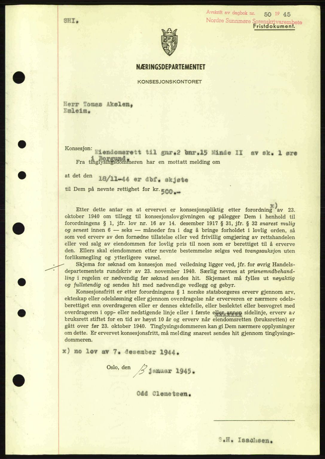Nordre Sunnmøre sorenskriveri, SAT/A-0006/1/2/2C/2Ca: Mortgage book no. B6-14 a, 1942-1945, Diary no: : 50/1945