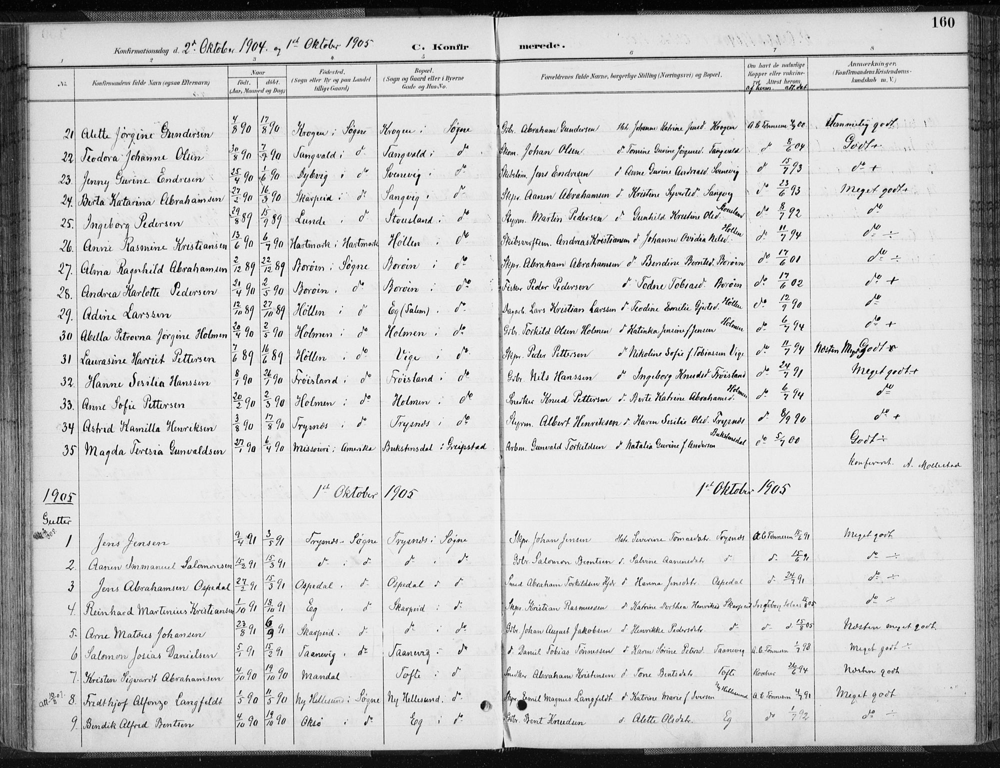 Søgne sokneprestkontor, SAK/1111-0037/F/Fa/Fab/L0013: Parish register (official) no. A 13, 1892-1911, p. 160