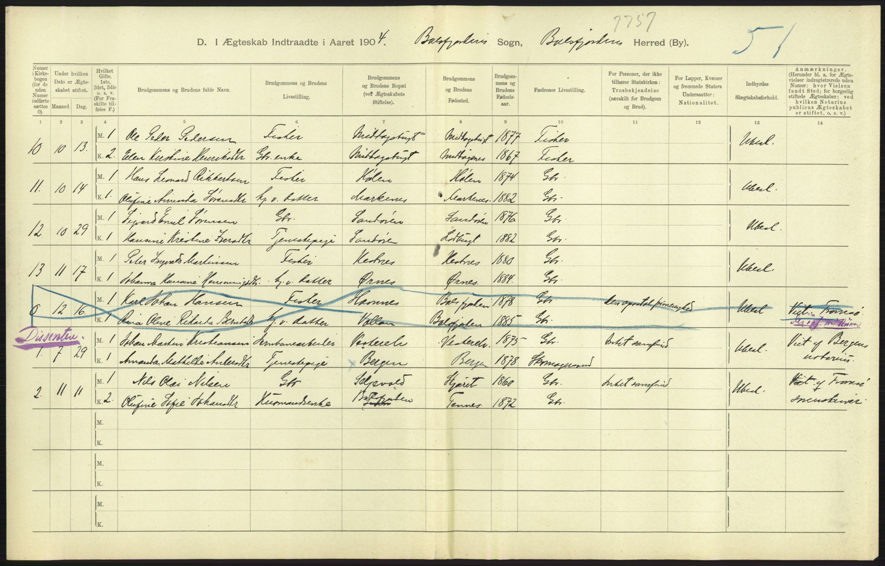 Statistisk sentralbyrå, Sosiodemografiske emner, Befolkning, AV/RA-S-2228/D/Df/Dfa/Dfab/L0022: Tromsø amt: Fødte, gifte, døde, 1904, p. 311