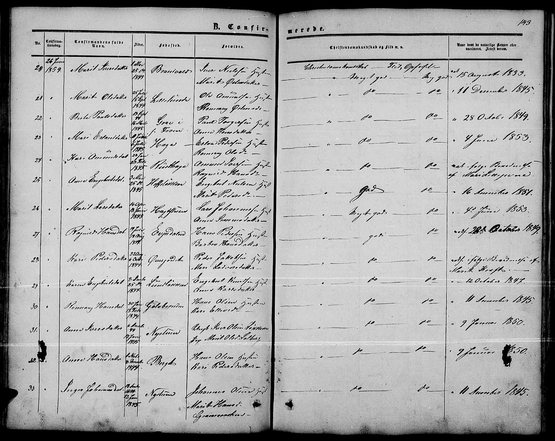 Nord-Fron prestekontor, AV/SAH-PREST-080/H/Ha/Hab/L0001: Parish register (copy) no. 1, 1851-1883, p. 143