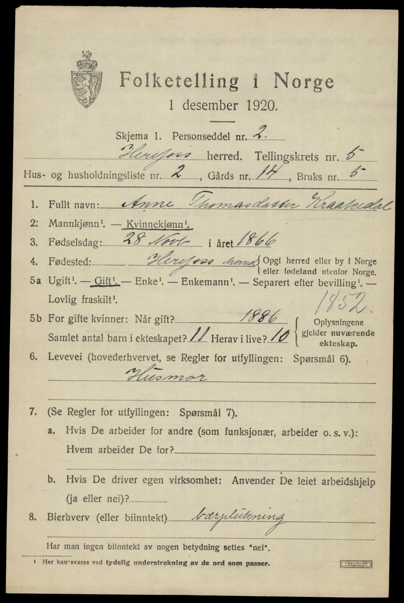 SAK, 1920 census for Herefoss, 1920, p. 930