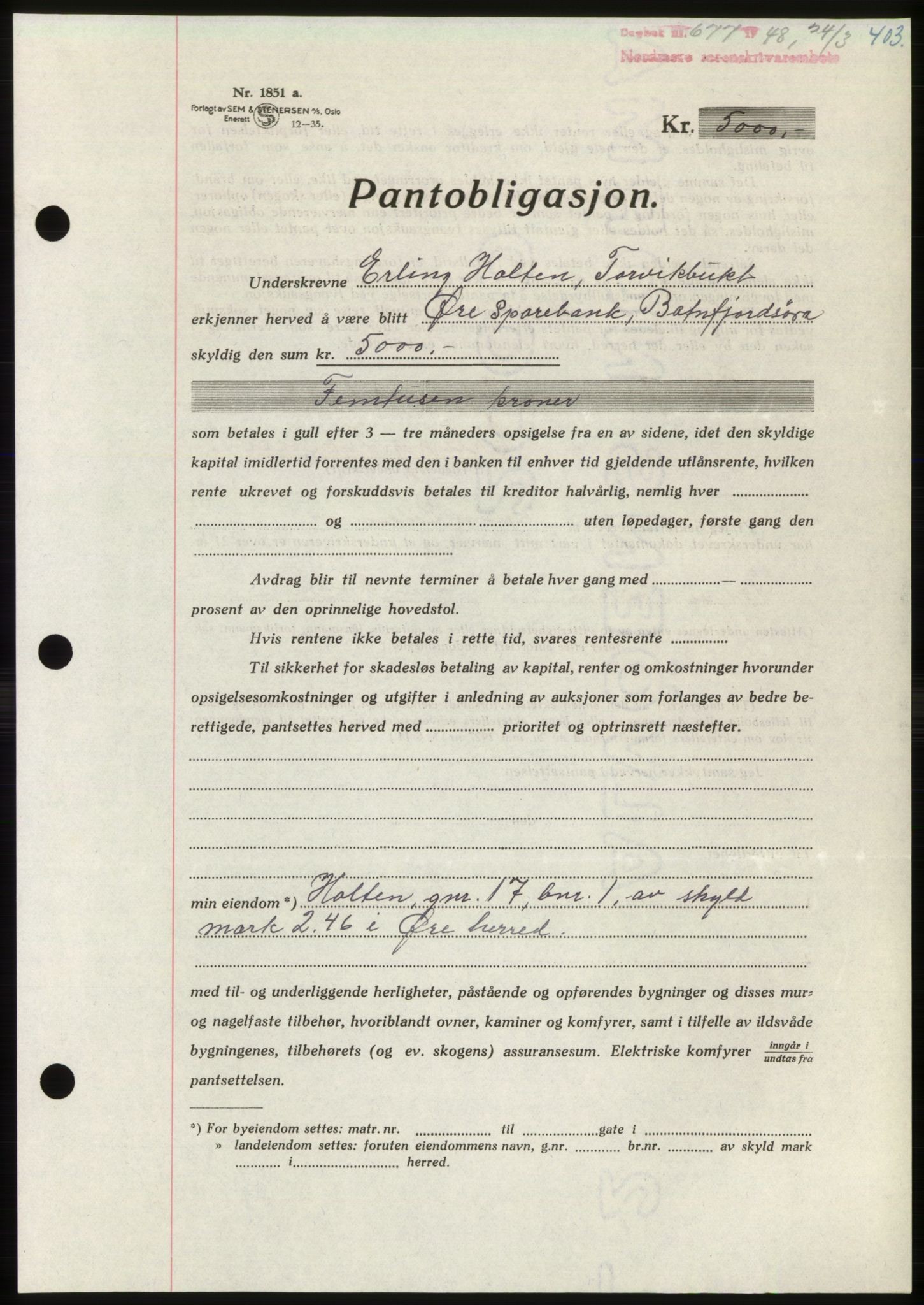 Nordmøre sorenskriveri, AV/SAT-A-4132/1/2/2Ca: Mortgage book no. B98, 1948-1948, Diary no: : 677/1948