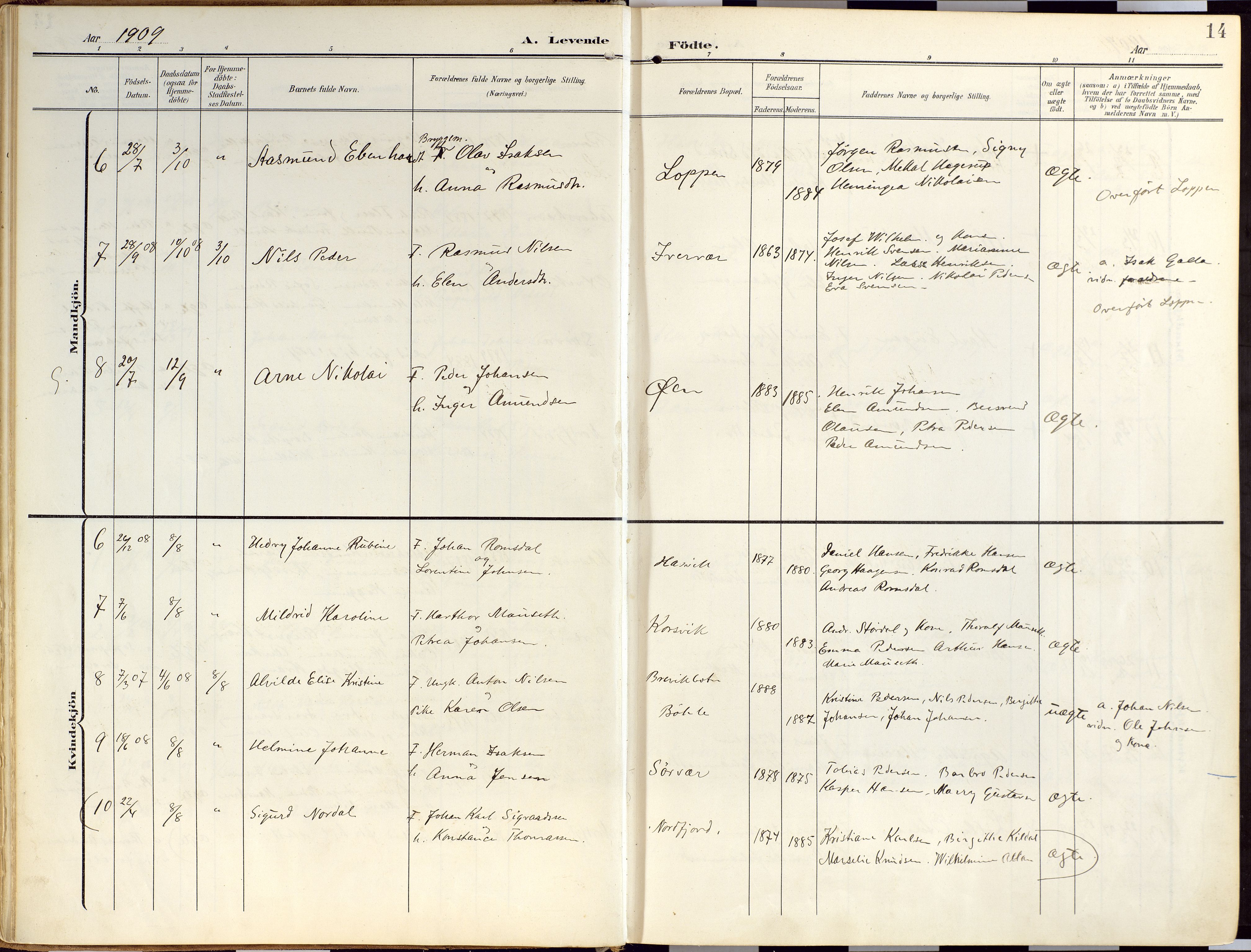 Loppa sokneprestkontor, SATØ/S-1339/H/Ha/L0010kirke: Parish register (official) no. 10, 1907-1922, p. 14