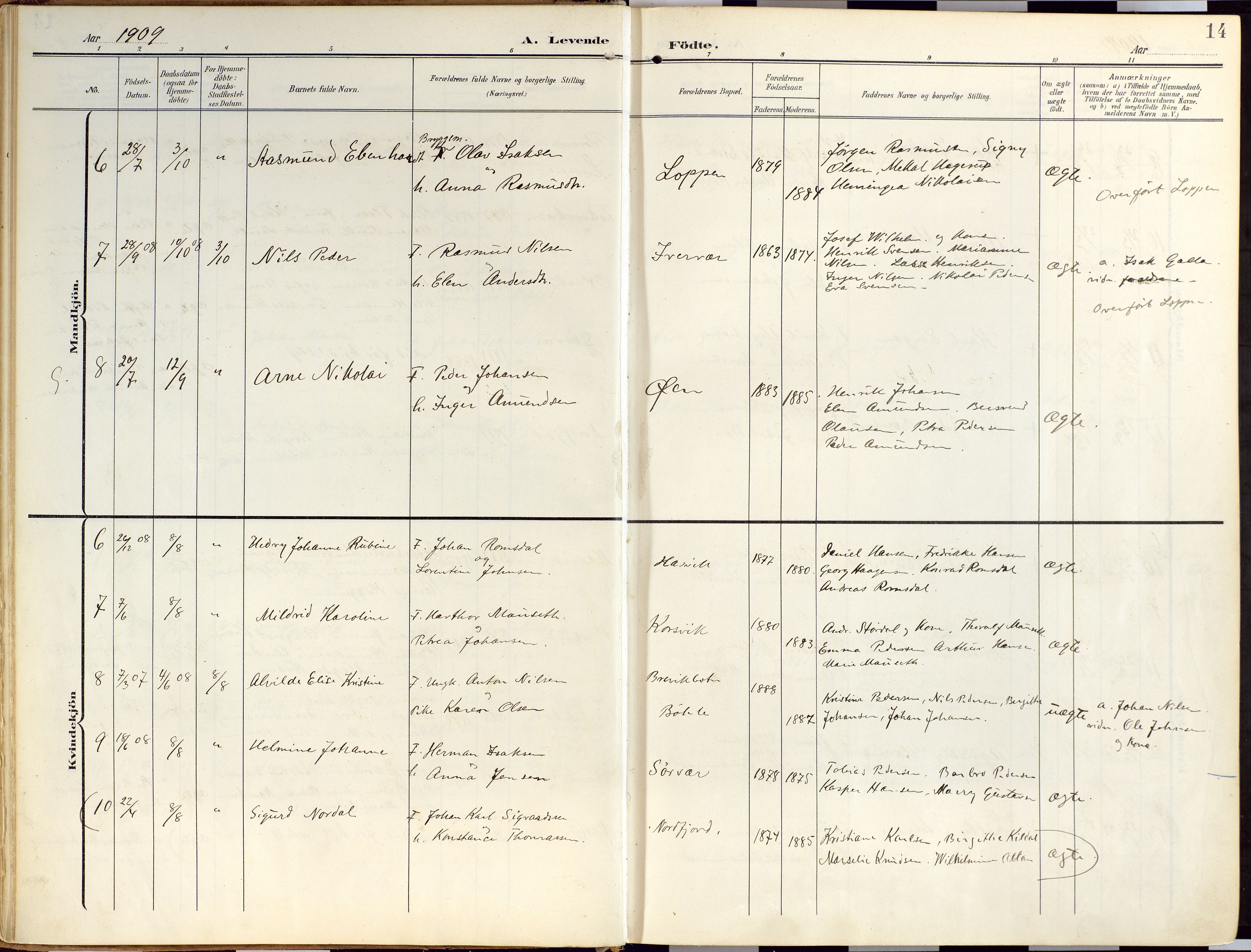 Loppa sokneprestkontor, AV/SATØ-S-1339/H/Ha/L0010kirke: Parish register (official) no. 10, 1907-1922, p. 14