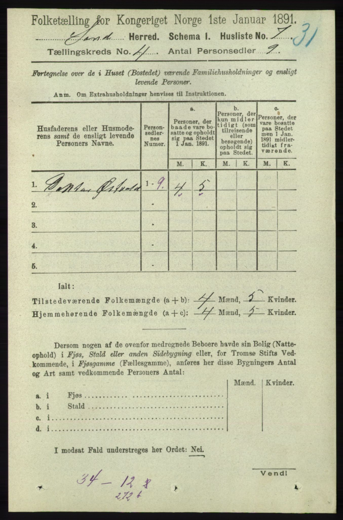 RA, 1891 census for 1136 Sand, 1891, p. 1160