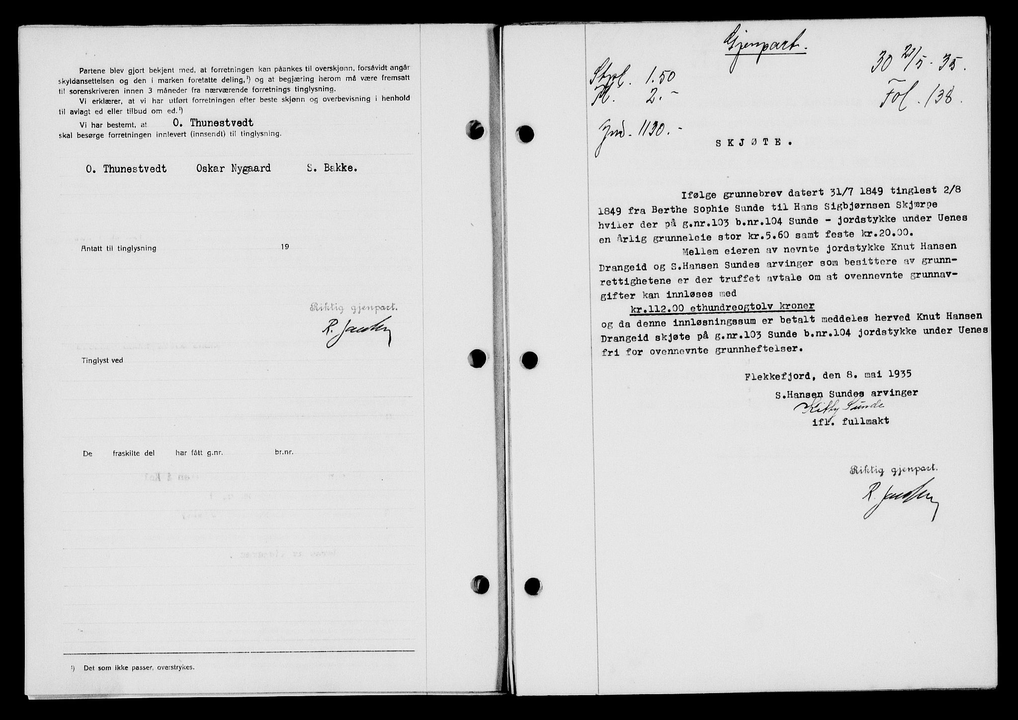Flekkefjord sorenskriveri, SAK/1221-0001/G/Gb/Gba/L0052: Mortgage book no. 48, 1935-1936, Deed date: 21.05.1935