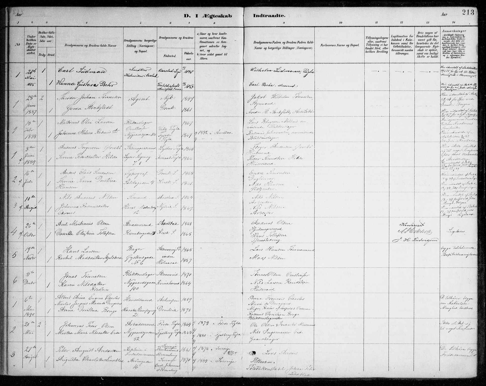 Johanneskirken sokneprestembete, SAB/A-76001/H/Haa/L0012: Parish register (official) no. D 1, 1885-1912, p. 213