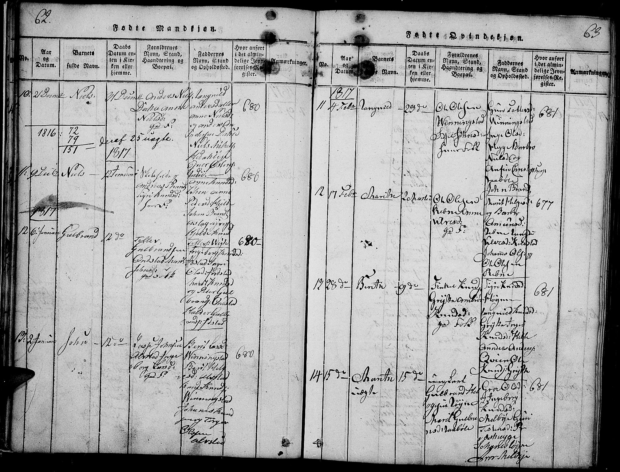 Slidre prestekontor, SAH/PREST-134/H/Ha/Haa/L0002: Parish register (official) no. 2, 1814-1830, p. 62-63