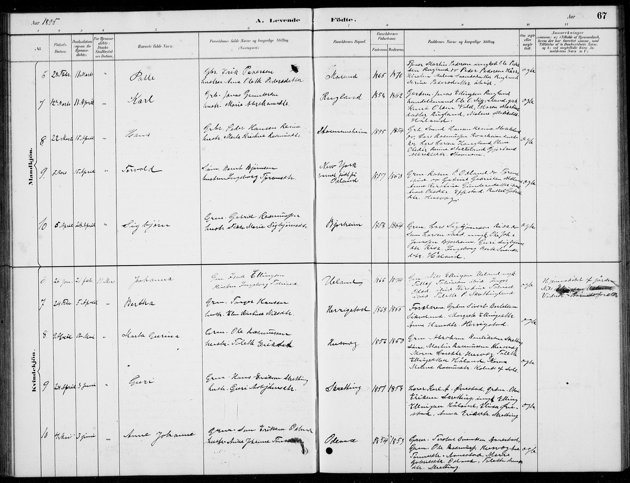 Hå sokneprestkontor, AV/SAST-A-101801/001/30BB/L0004: Parish register (copy) no. B 4, 1883-1899, p. 67