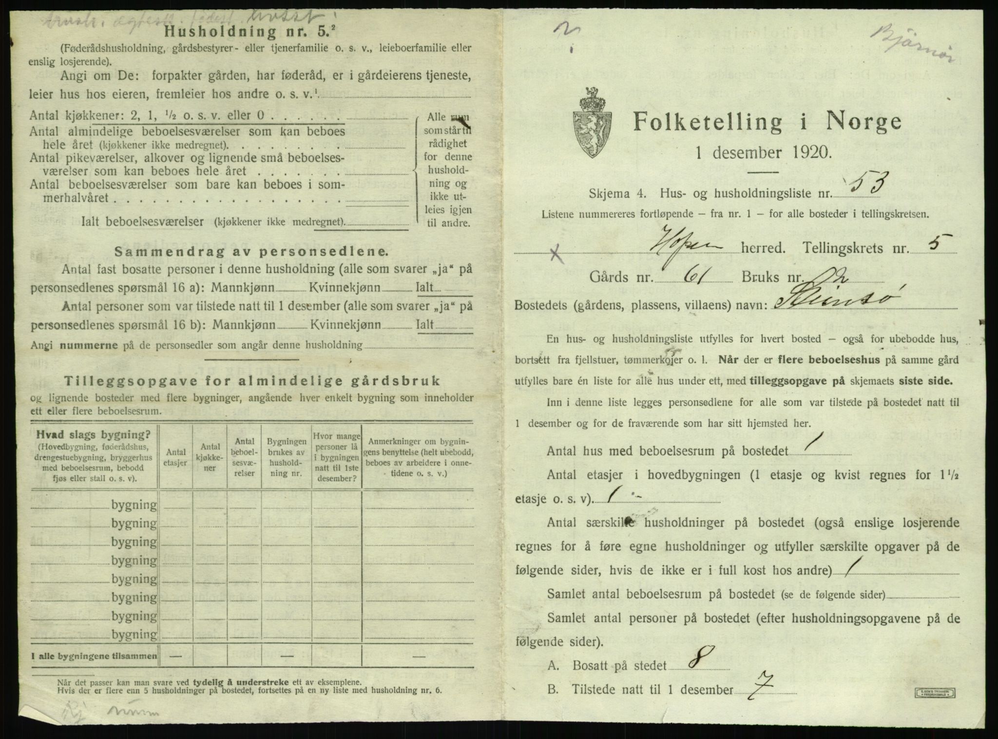 SAT, 1920 census for Hopen, 1920, p. 460