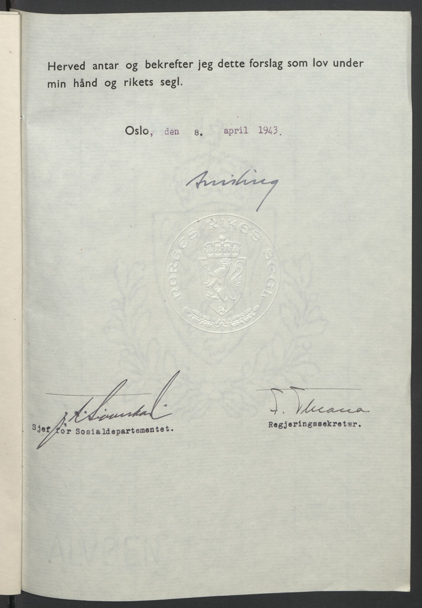 NS-administrasjonen 1940-1945 (Statsrådsekretariatet, de kommisariske statsråder mm), RA/S-4279/D/Db/L0099: Lover, 1943, p. 274