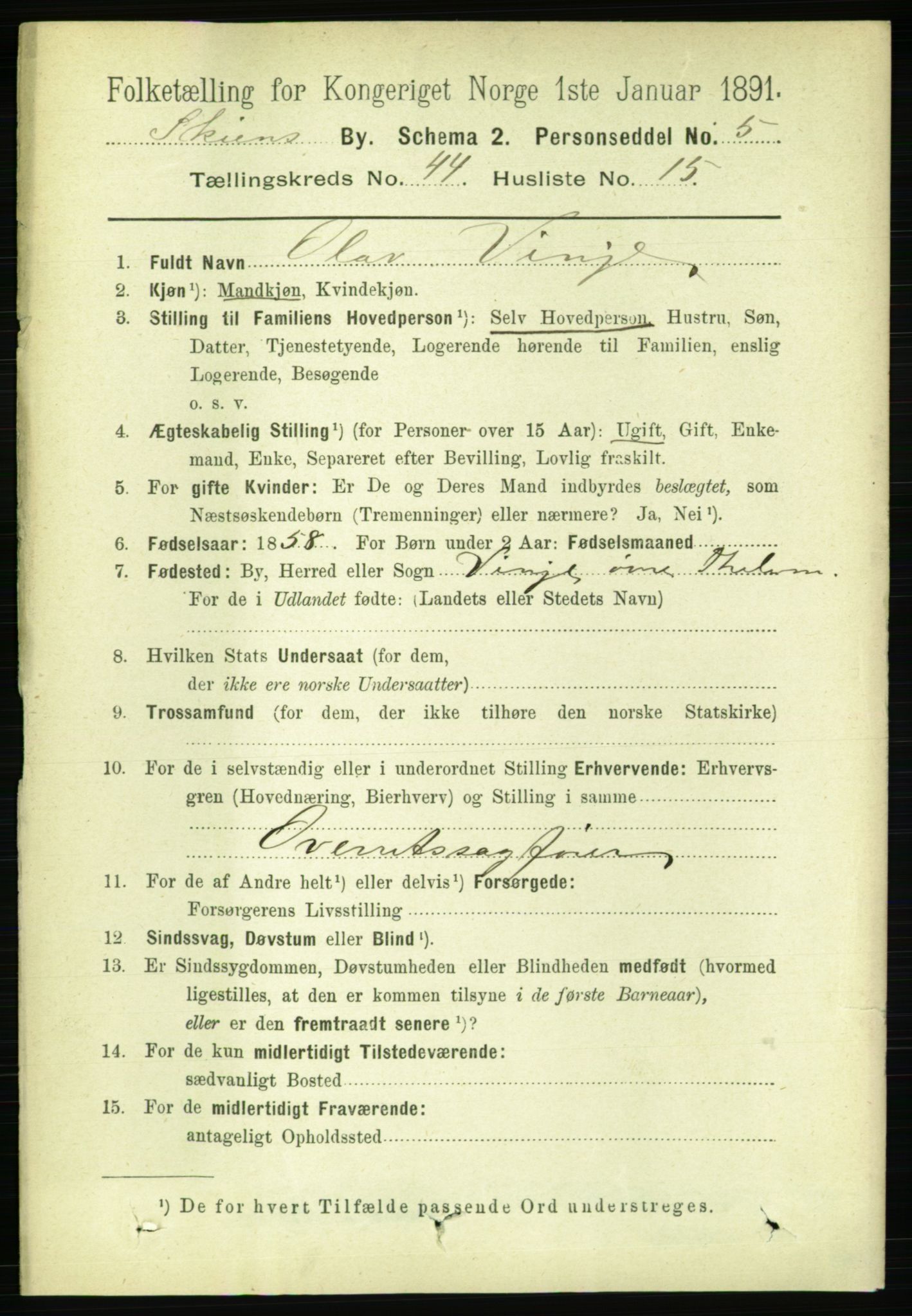RA, 1891 census for 0806 Skien, 1891, p. 8933