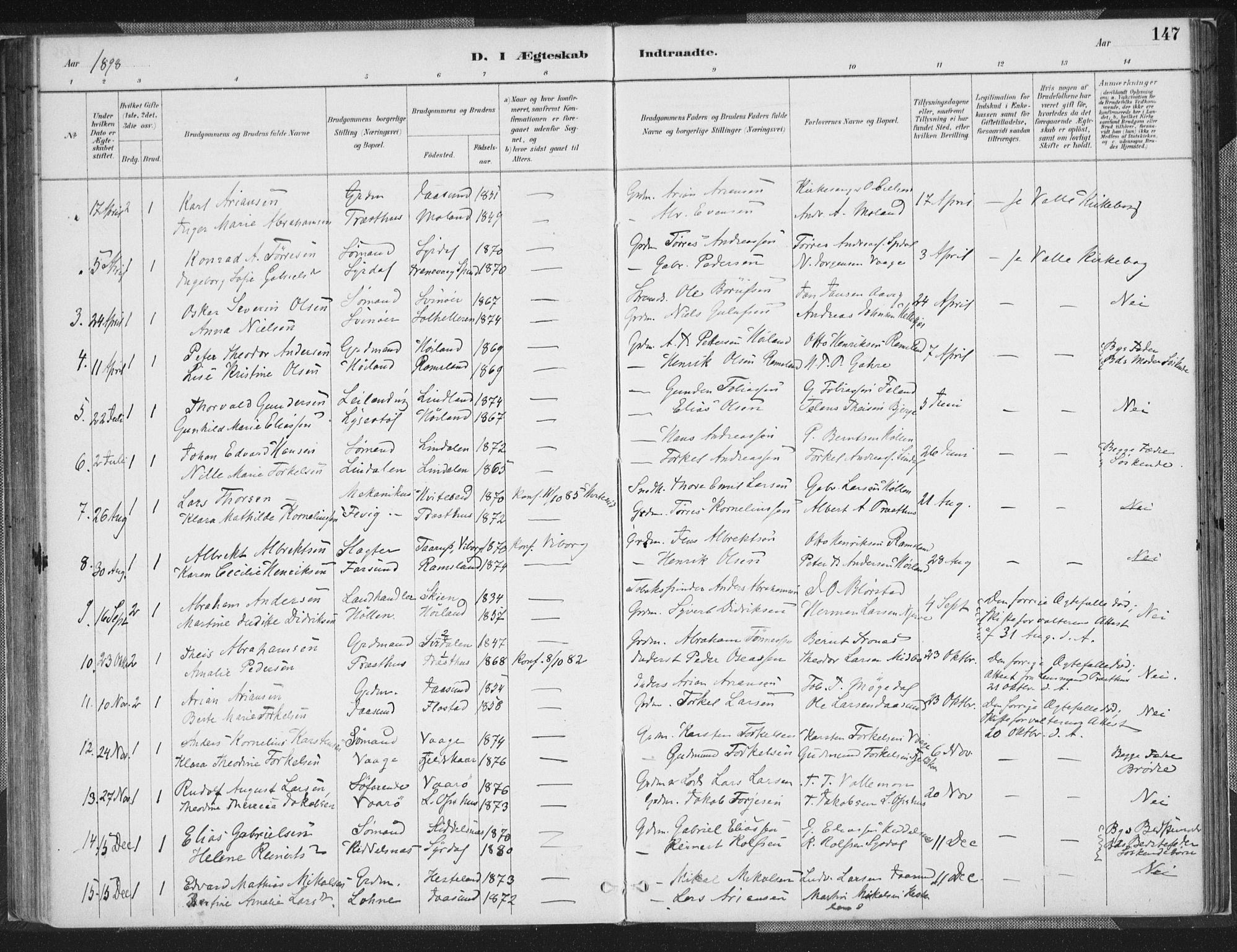 Sør-Audnedal sokneprestkontor, SAK/1111-0039/F/Fa/Faa/L0004: Parish register (official) no. A 4, 1884-1909, p. 147