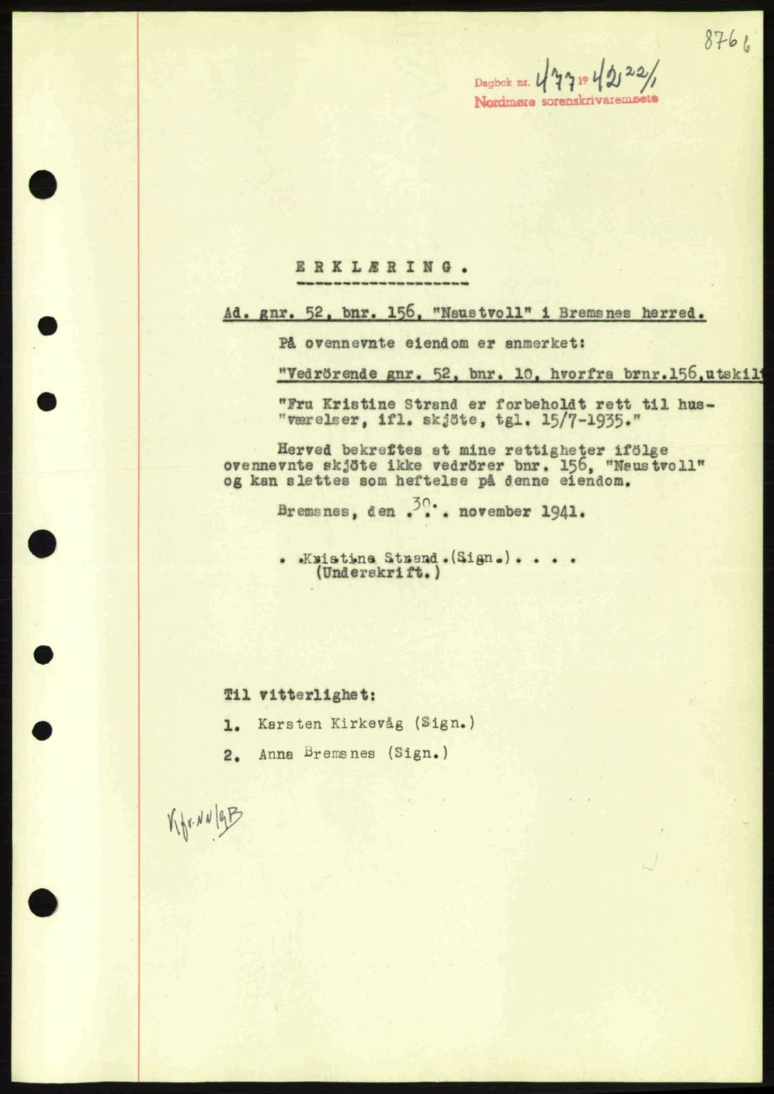 Nordmøre sorenskriveri, AV/SAT-A-4132/1/2/2Ca: Mortgage book no. B88, 1941-1942, Diary no: : 477/1942