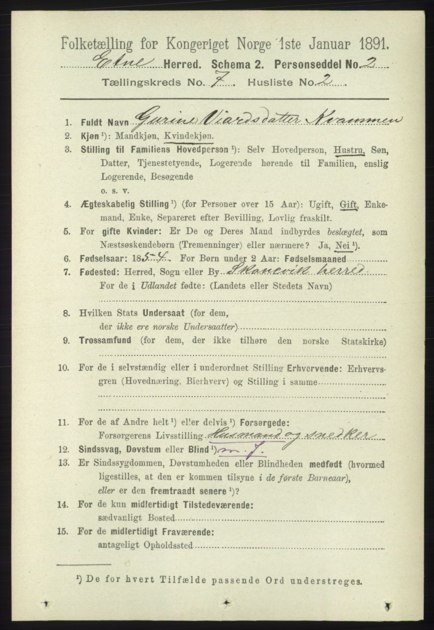 RA, 1891 census for 1211 Etne, 1891, p. 1398