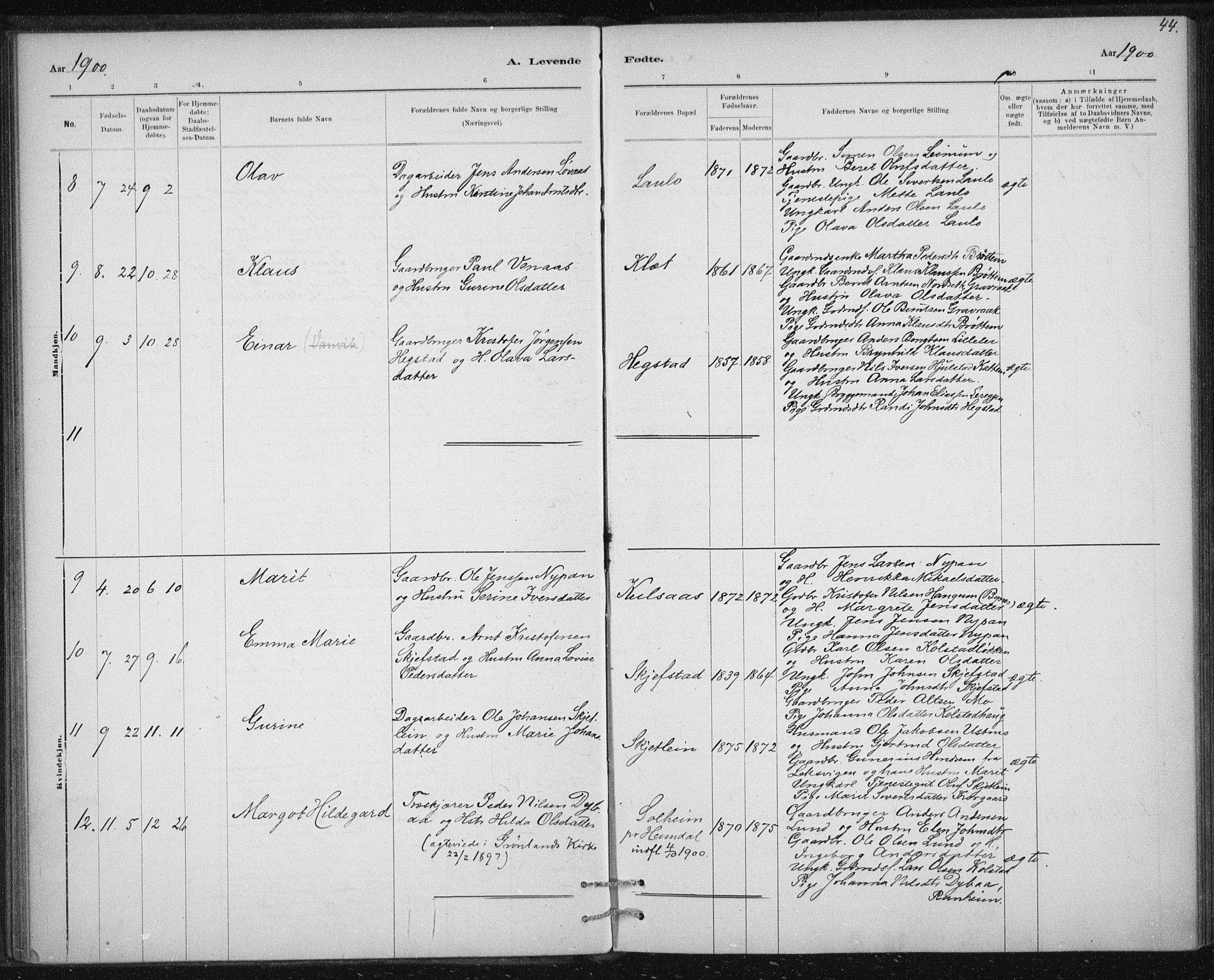 Ministerialprotokoller, klokkerbøker og fødselsregistre - Sør-Trøndelag, AV/SAT-A-1456/613/L0392: Parish register (official) no. 613A01, 1887-1906, p. 44