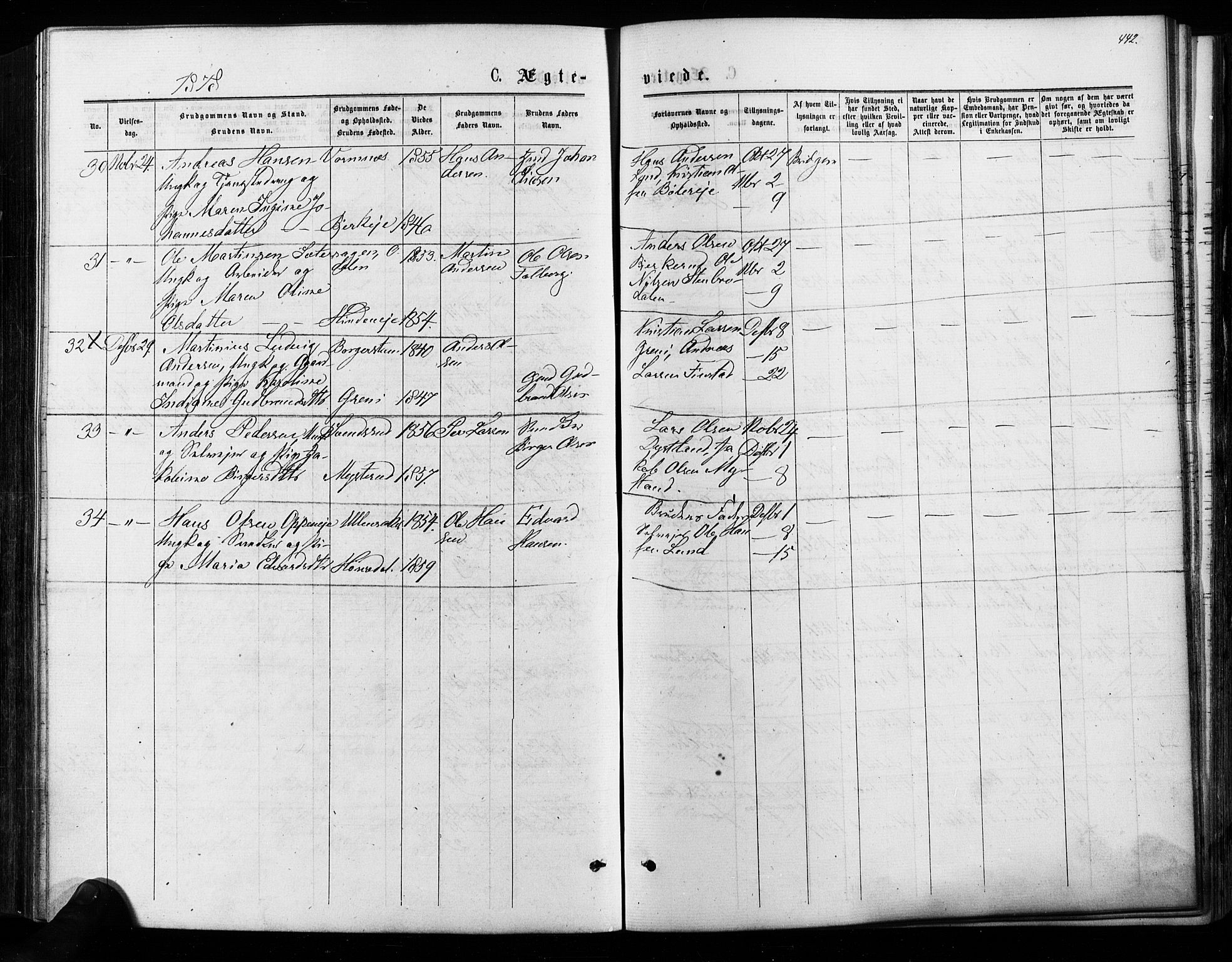 Nes prestekontor Kirkebøker, AV/SAO-A-10410/F/Fa/L0009: Parish register (official) no. I 9, 1875-1882, p. 442