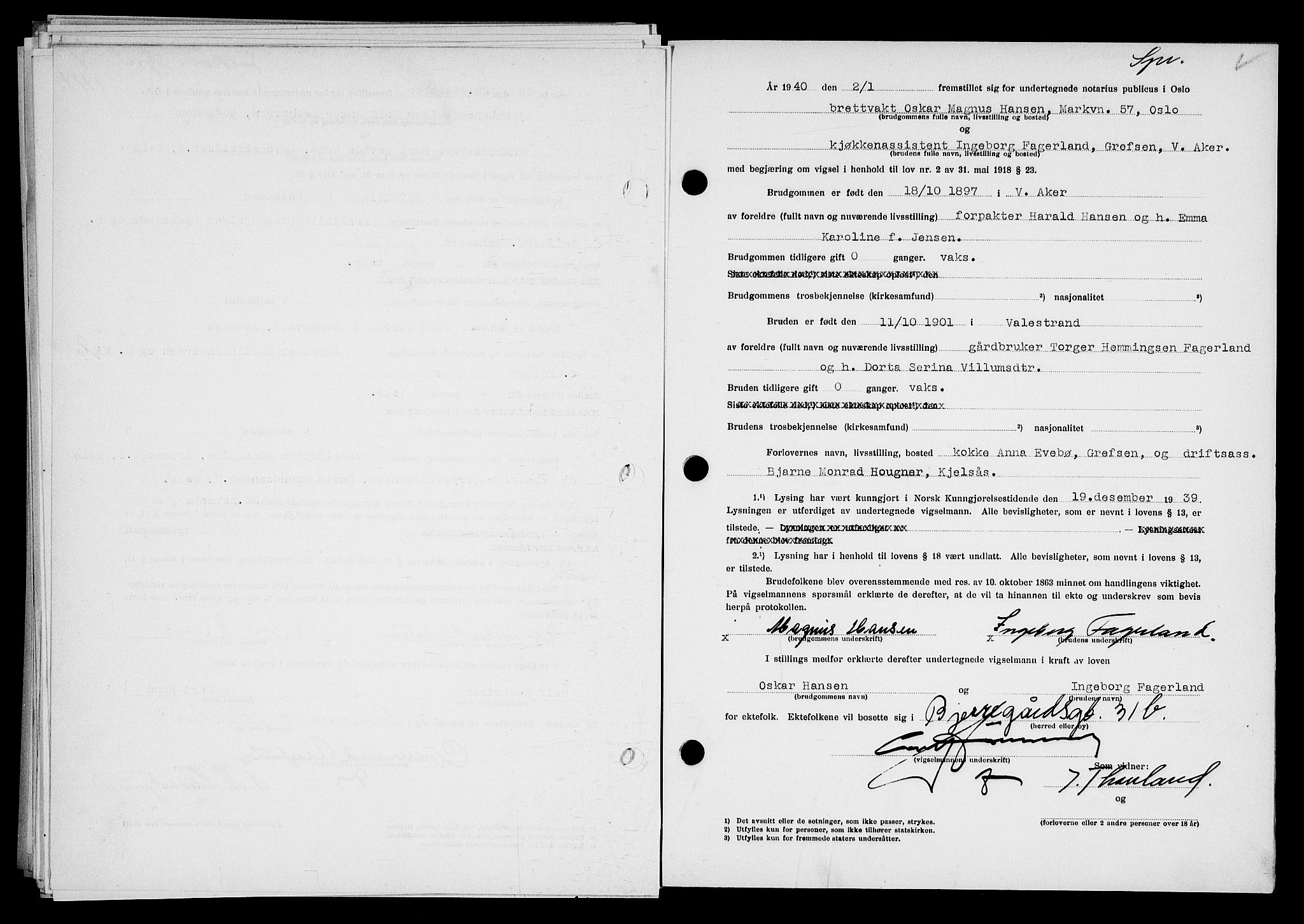 Oslo byfogd avd. I, SAO/A-10220/L/Lb/Lbb/L0033: Notarialprotokoll, rekke II: Vigsler, 1939-1940