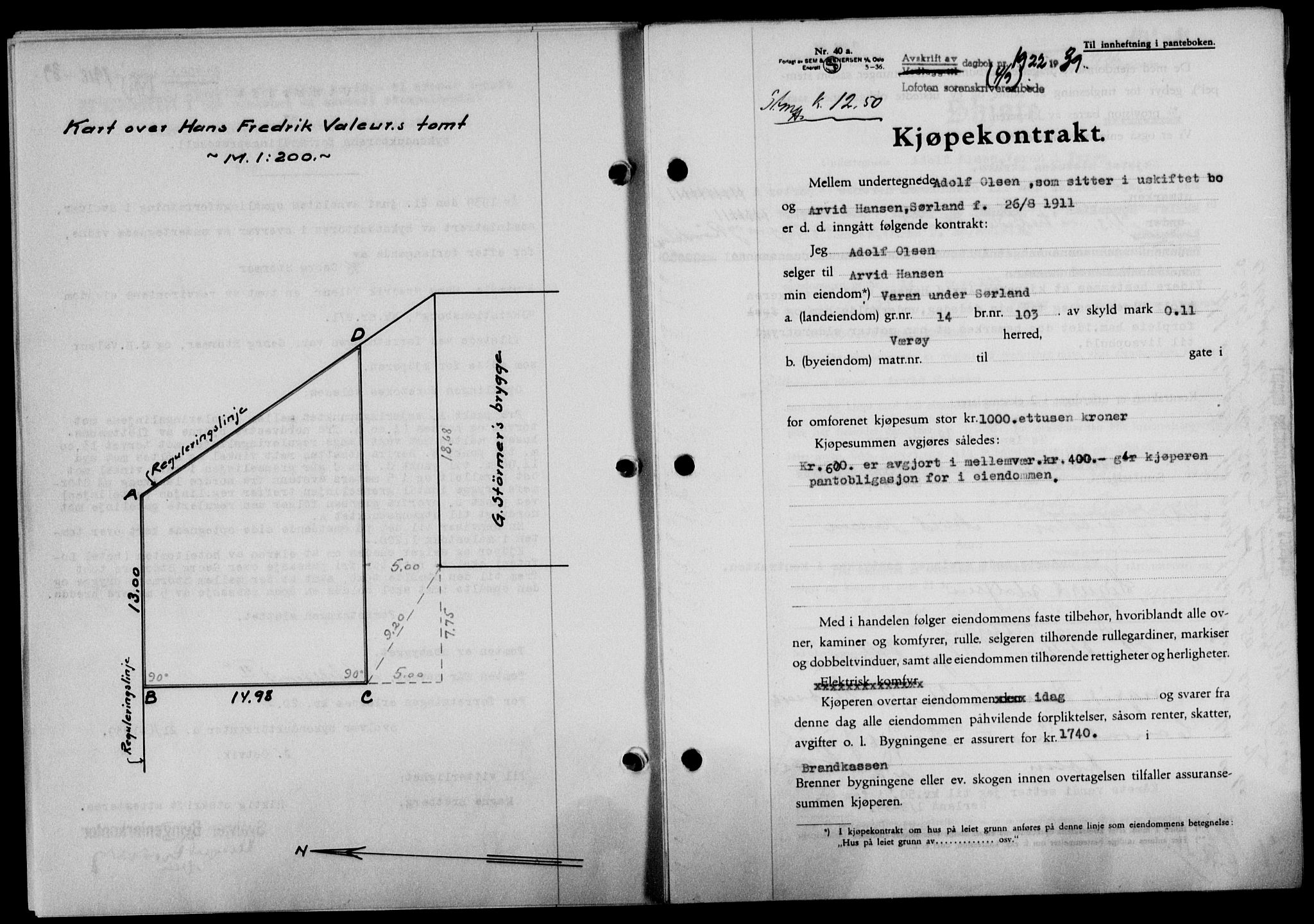 Lofoten sorenskriveri, SAT/A-0017/1/2/2C/L0006a: Mortgage book no. 6a, 1939-1939, Diary no: : 1922/1939