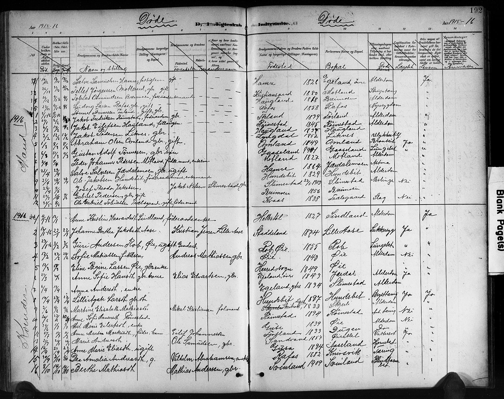 Kvinesdal sokneprestkontor, SAK/1111-0026/F/Fb/Fbb/L0003: Parish register (copy) no. B 3, 1898-1916, p. 192