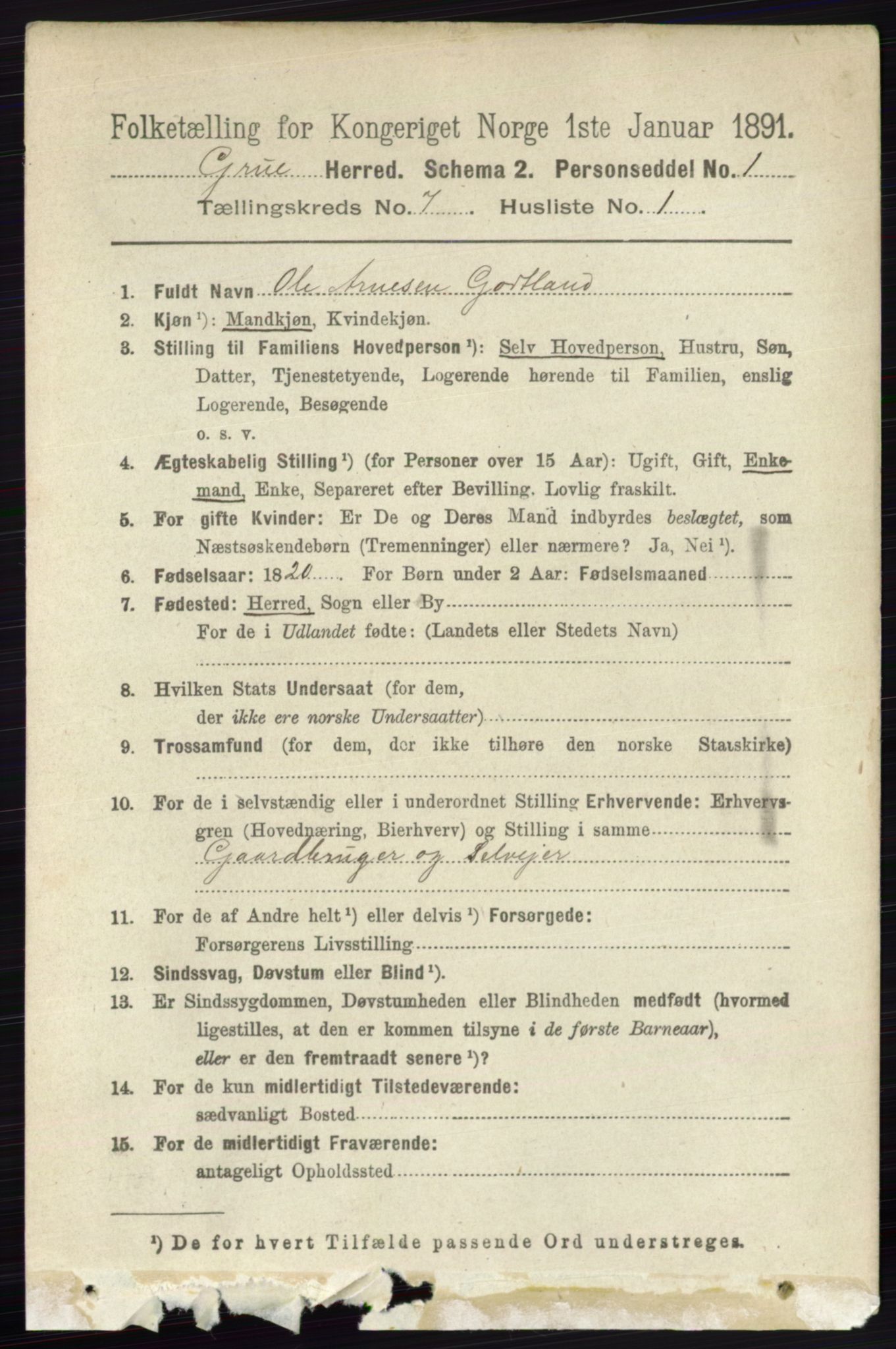 RA, 1891 census for 0423 Grue, 1891, p. 3567