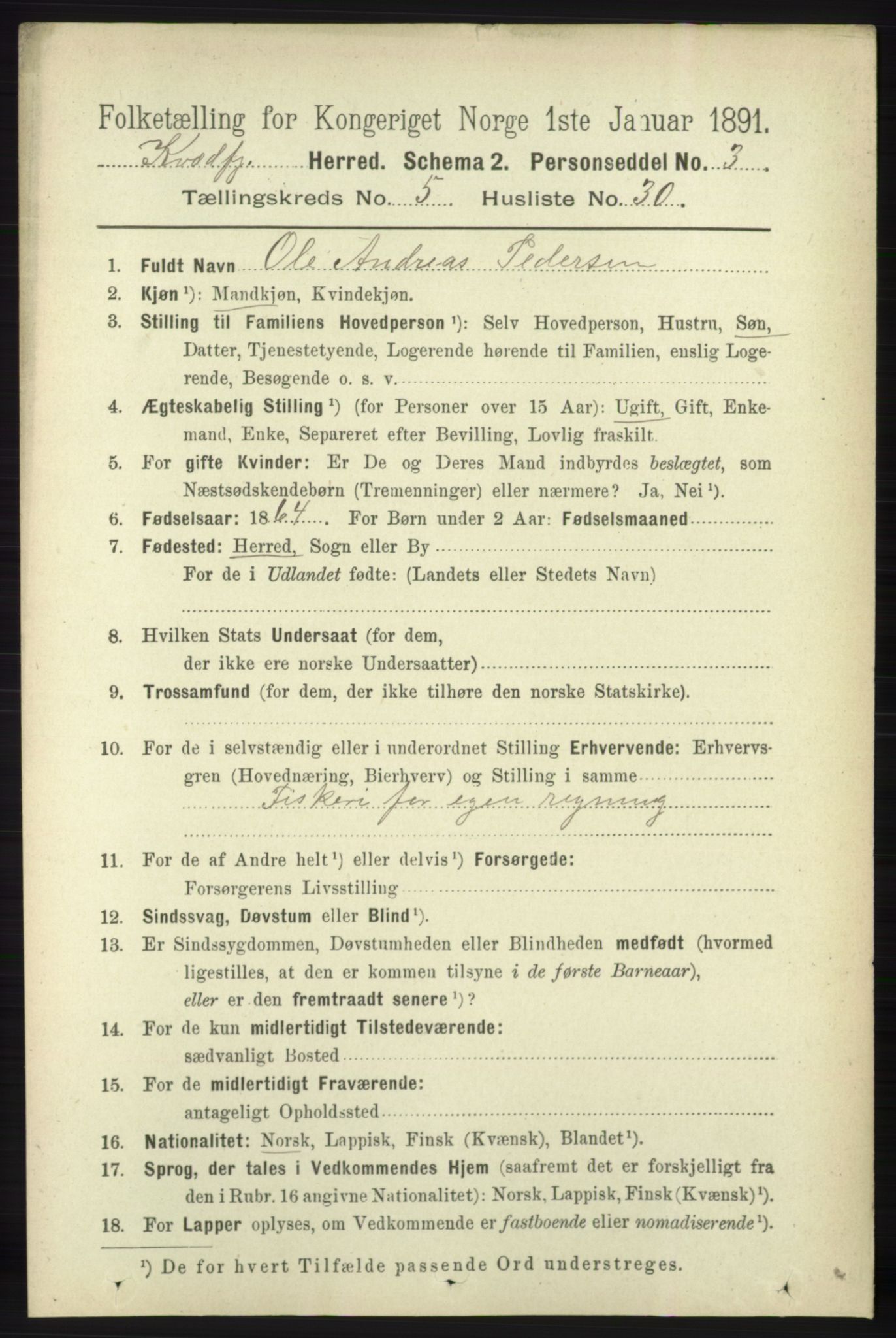 RA, 1891 census for 1911 Kvæfjord, 1891, p. 3046