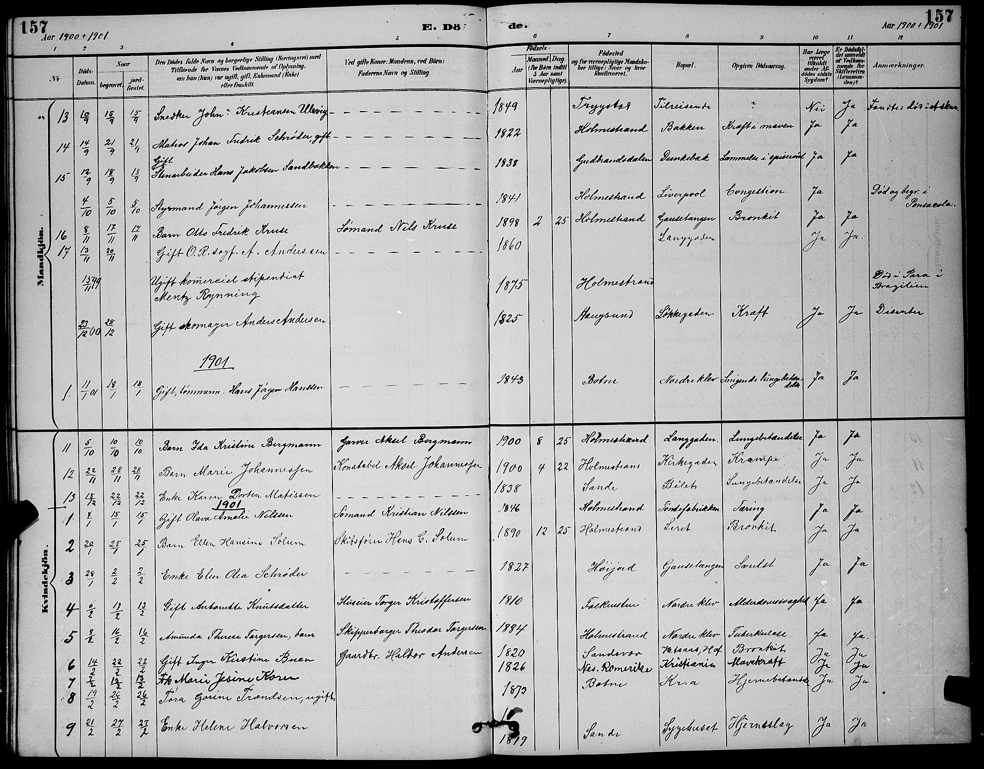 Holmestrand kirkebøker, AV/SAKO-A-346/G/Ga/L0005: Parish register (copy) no. 5, 1889-1901, p. 157