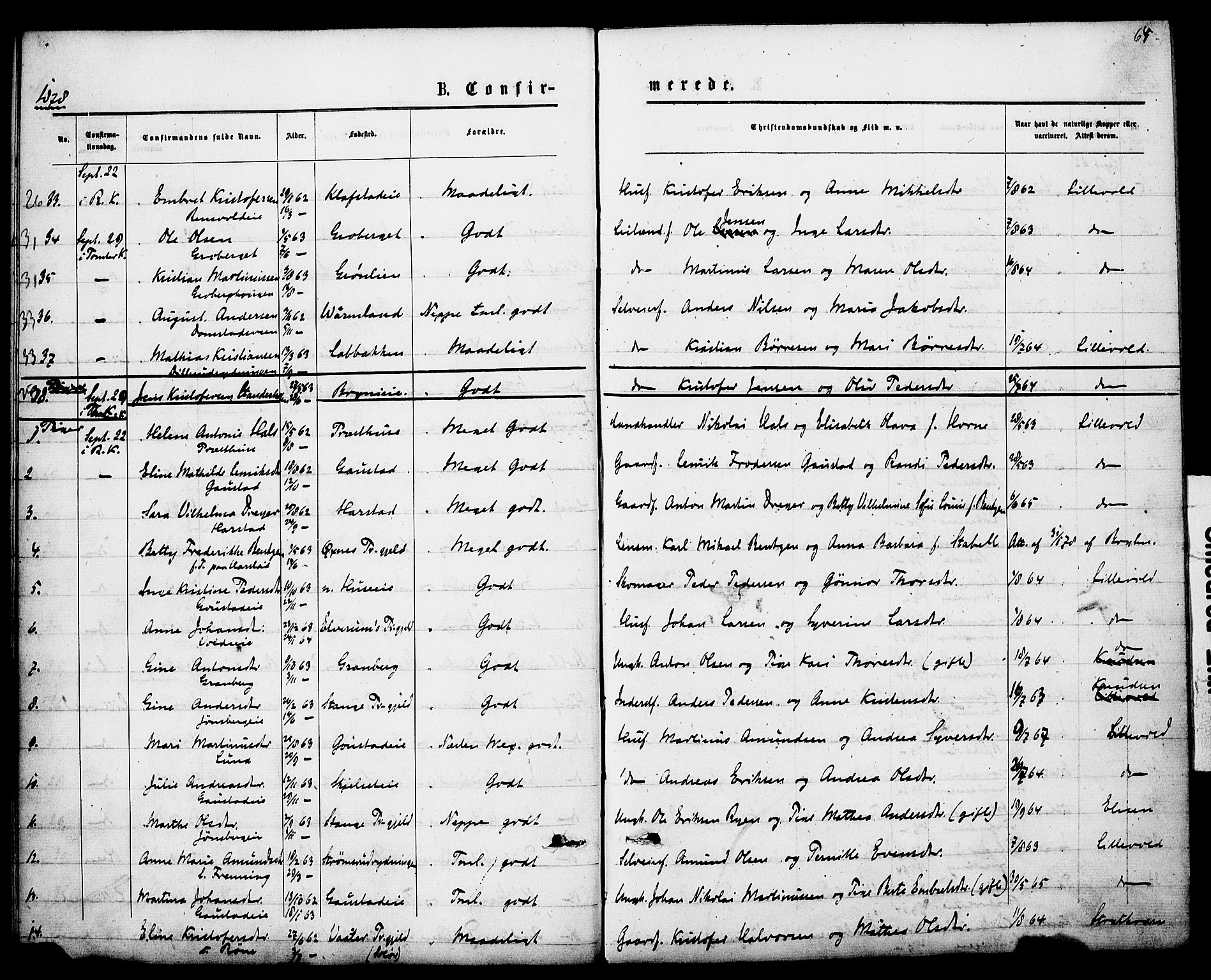 Romedal prestekontor, SAH/PREST-004/K/L0007: Parish register (official) no. 7, 1875-1879, p. 64