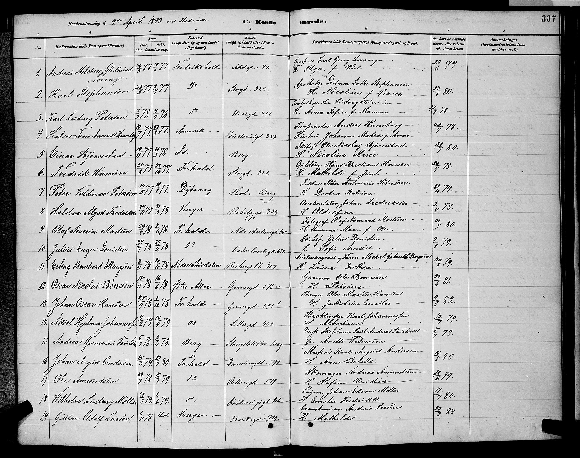 Halden prestekontor Kirkebøker, SAO/A-10909/G/Ga/L0008: Parish register (copy) no. 8, 1885-1899, p. 337