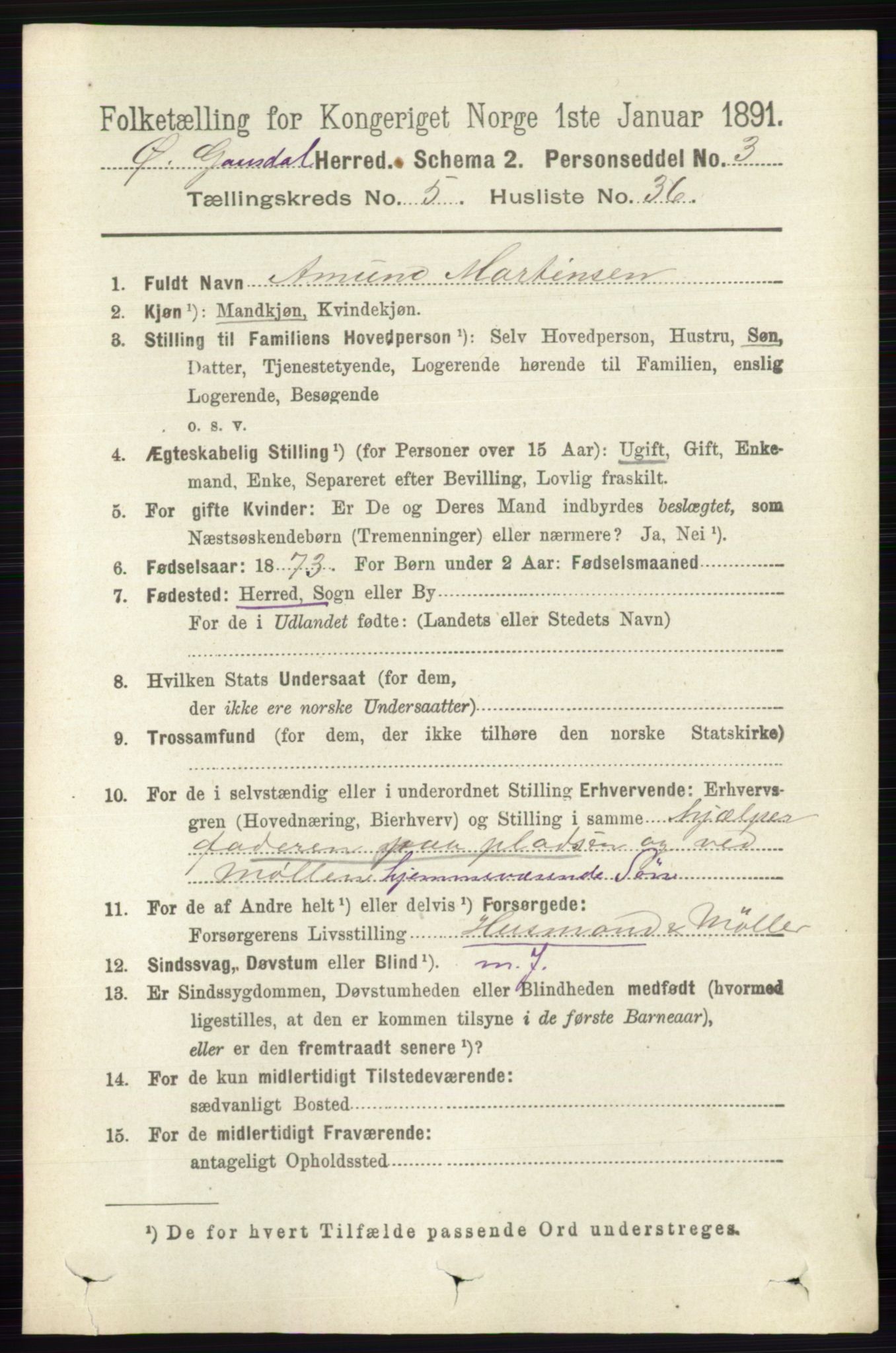 RA, 1891 census for 0522 Østre Gausdal, 1891, p. 3174