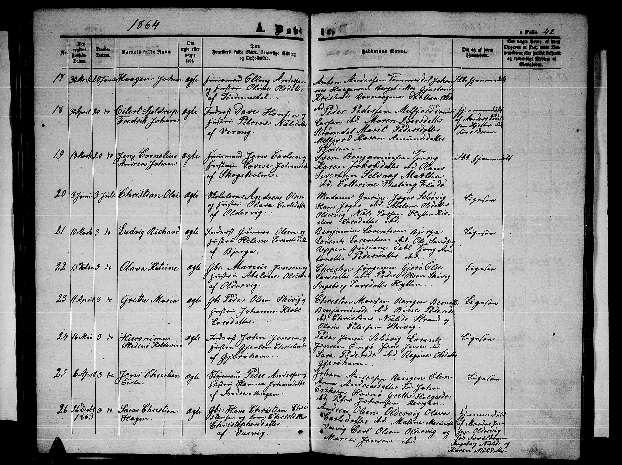 Ministerialprotokoller, klokkerbøker og fødselsregistre - Nordland, AV/SAT-A-1459/841/L0619: Parish register (copy) no. 841C03, 1856-1876, p. 42