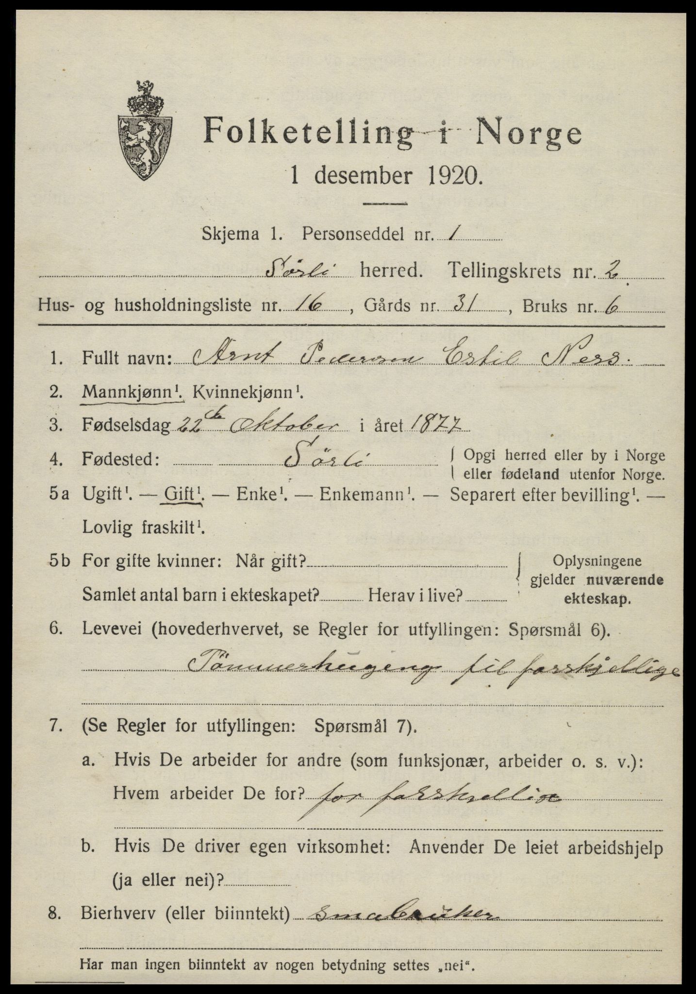 SAT, 1920 census for Sørli, 1920, p. 1045