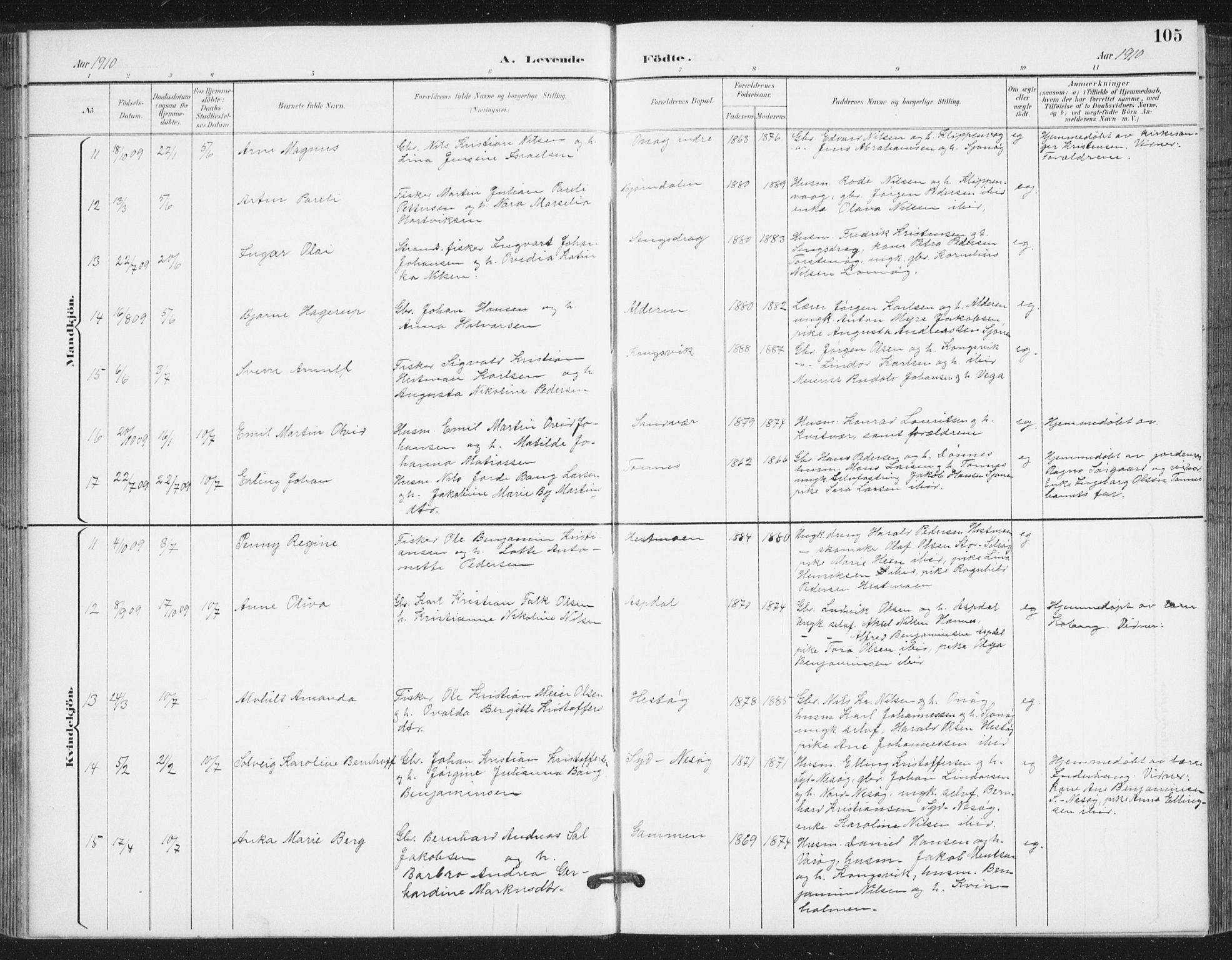 Ministerialprotokoller, klokkerbøker og fødselsregistre - Nordland, AV/SAT-A-1459/839/L0573: Parish register (copy) no. 839C03, 1892-1917, p. 105