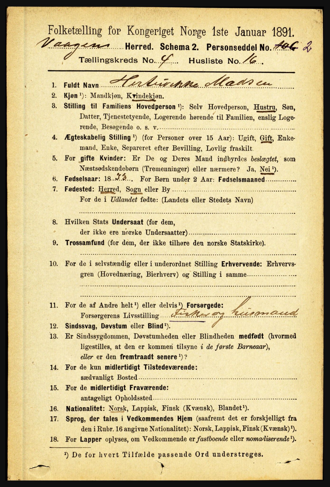 RA, 1891 census for 1865 Vågan, 1891, p. 1042