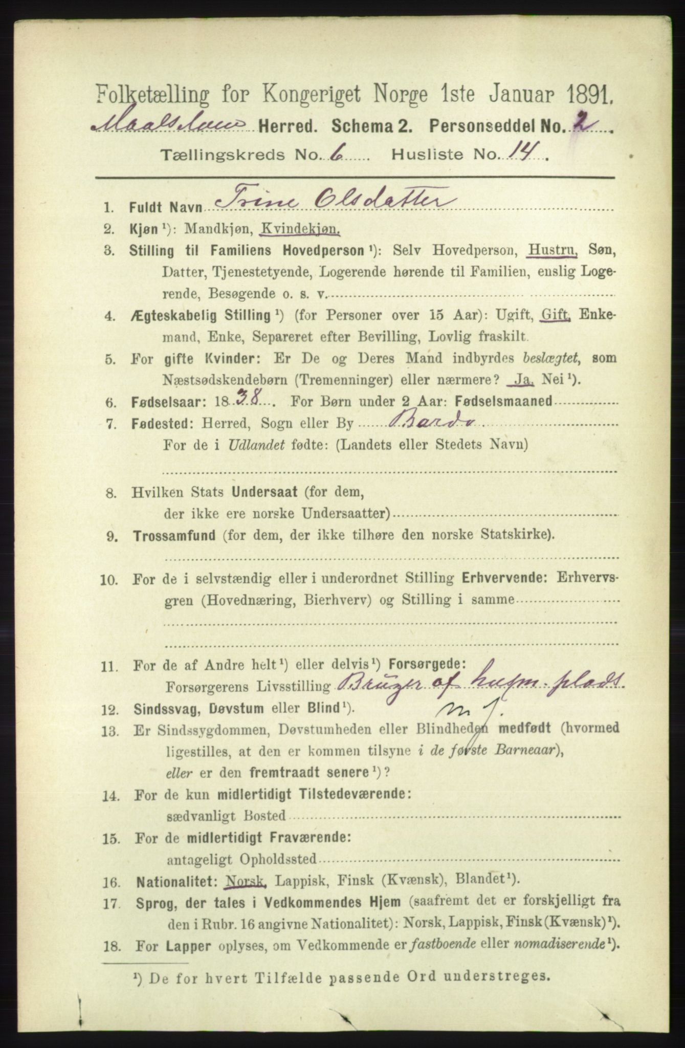 RA, 1891 census for 1924 Målselv, 1891, p. 2140