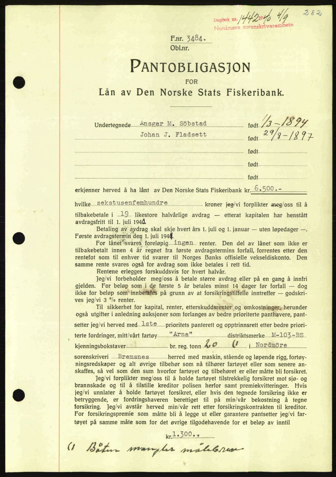 Nordmøre sorenskriveri, AV/SAT-A-4132/1/2/2Ca: Mortgage book no. B87, 1940-1941, Diary no: : 1442/1940