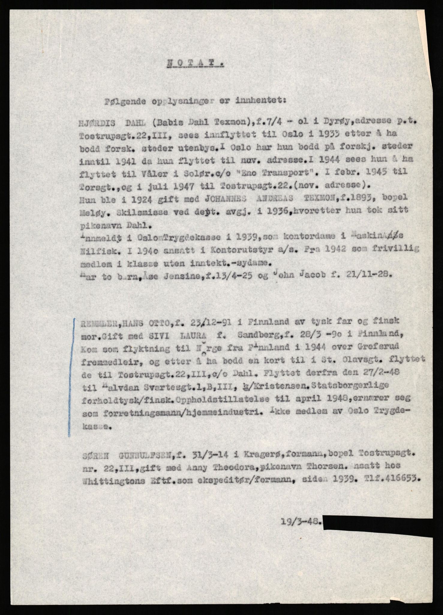 Forsvaret, Forsvarets overkommando II, AV/RA-RAFA-3915/D/Db/L0027: CI Questionaires. Tyske okkupasjonsstyrker i Norge. Tyskere., 1945-1946, p. 225