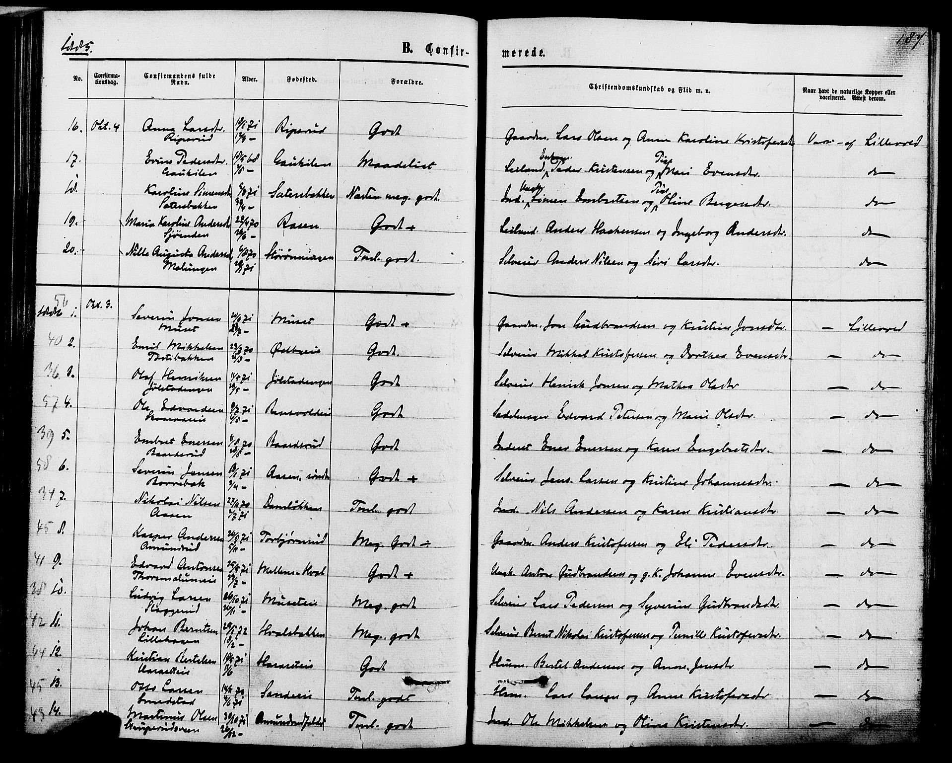 Romedal prestekontor, SAH/PREST-004/K/L0006: Parish register (official) no. 6, 1866-1886, p. 187