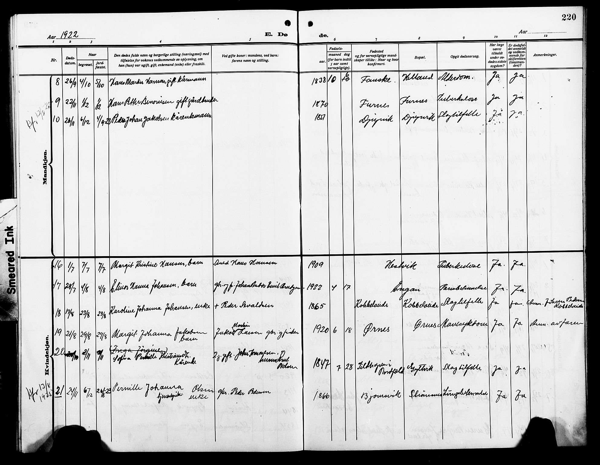 Ministerialprotokoller, klokkerbøker og fødselsregistre - Nordland, AV/SAT-A-1459/854/L0787: Parish register (copy) no. 854C03, 1913-1926, p. 220