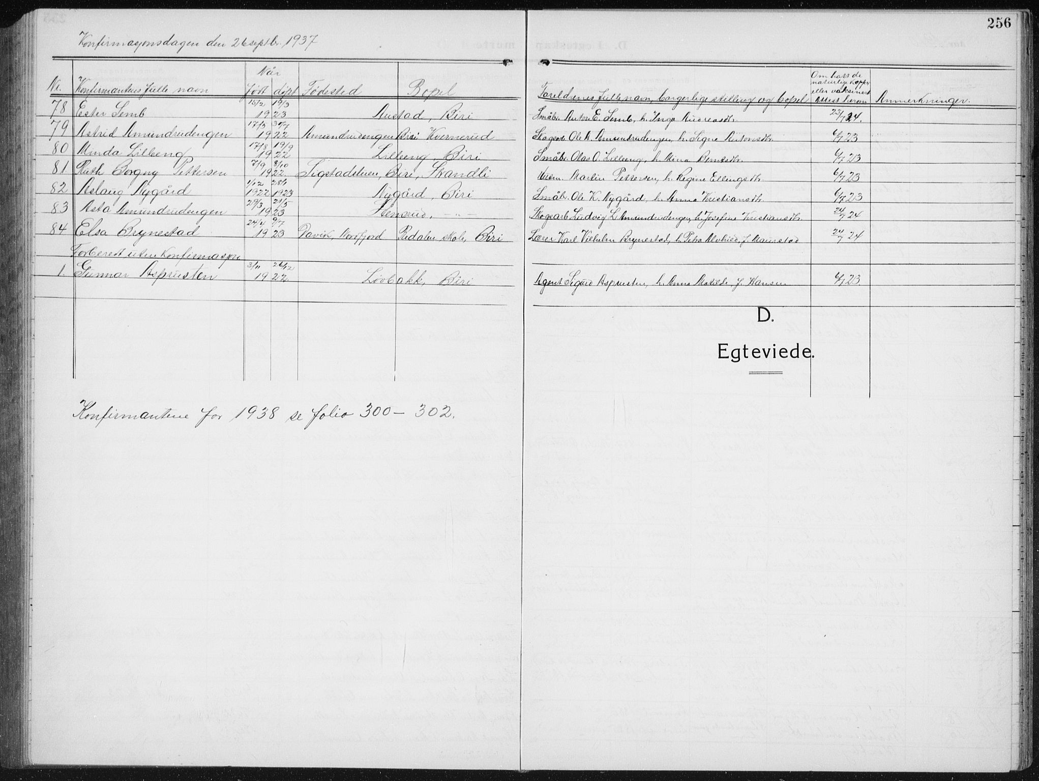 Biri prestekontor, SAH/PREST-096/H/Ha/Hab/L0006: Parish register (copy) no. 6, 1909-1938, p. 256