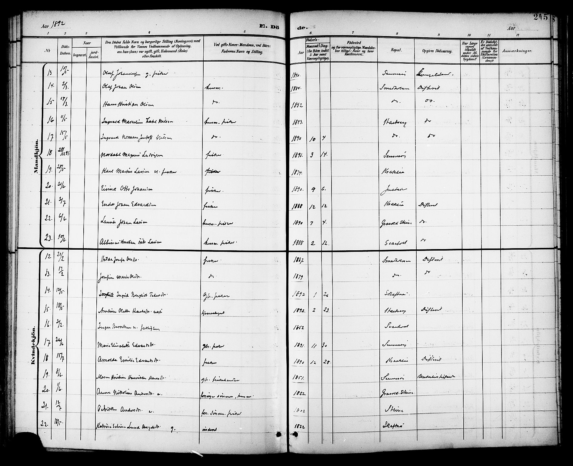 Ministerialprotokoller, klokkerbøker og fødselsregistre - Nordland, AV/SAT-A-1459/882/L1179: Parish register (official) no. 882A01, 1886-1898, p. 245