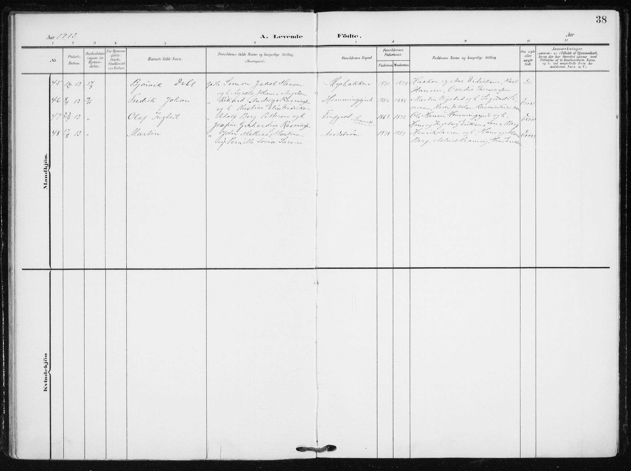 Tranøy sokneprestkontor, SATØ/S-1313/I/Ia/Iaa/L0012kirke: Parish register (official) no. 12, 1905-1918, p. 38