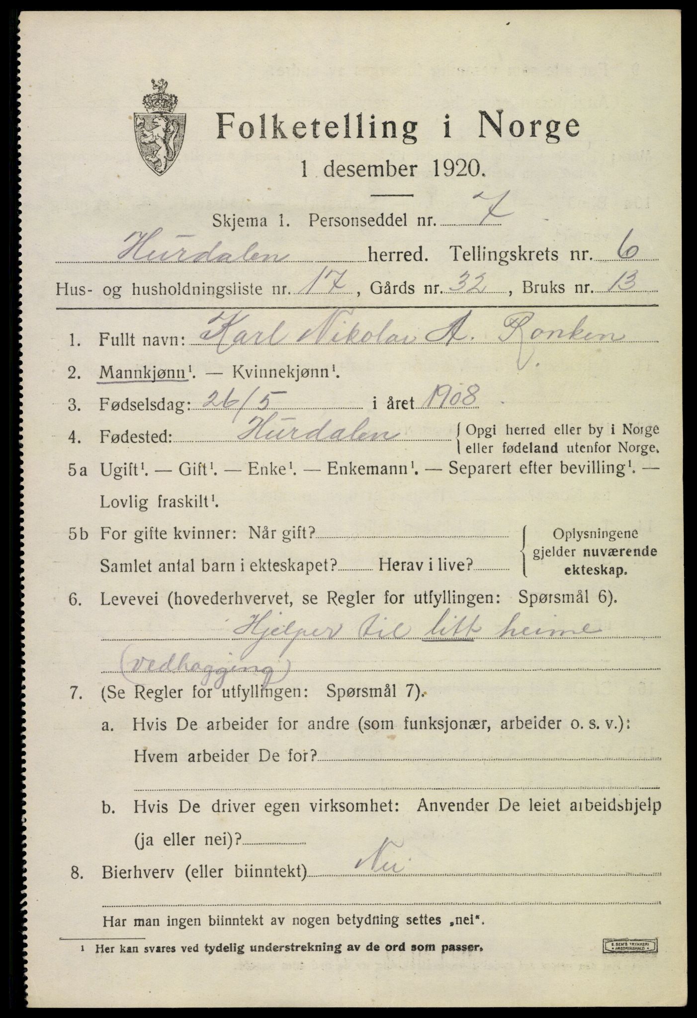 SAO, 1920 census for Hurdal, 1920, p. 3814