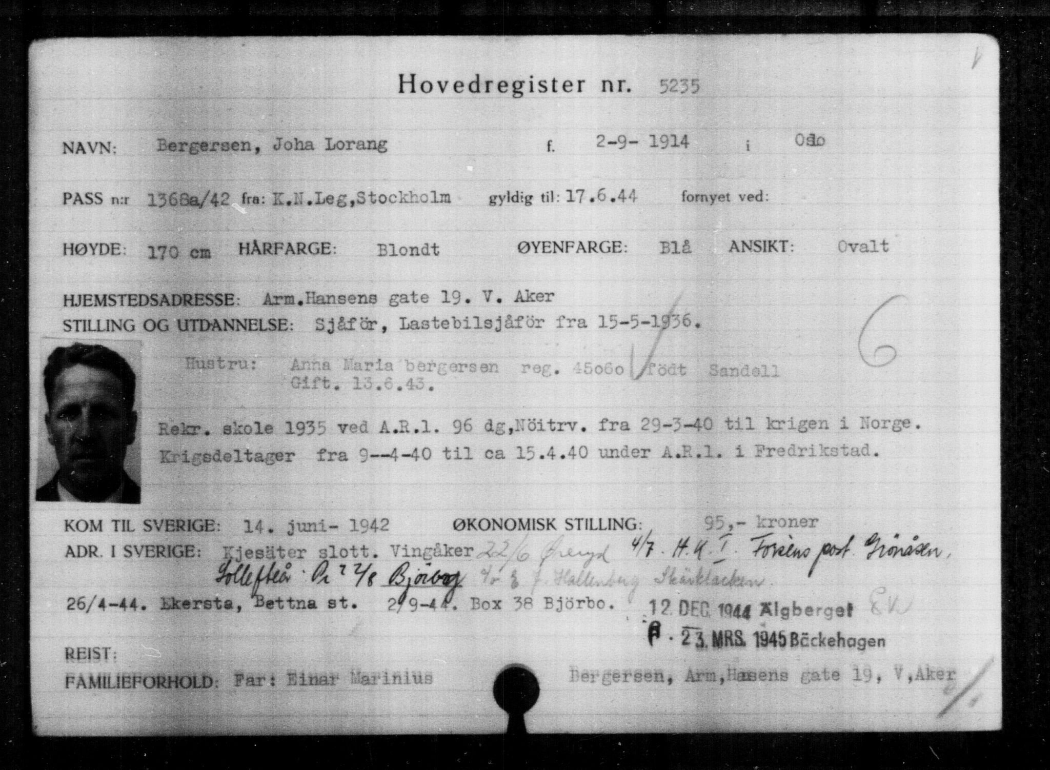 Utenriksstasjonene, Legasjonen i Stockholm, Flyktningkontoret, AV/RA-S-6753/V/Va/L0004: Kjesäterkartoteket, flyktninger med registreringsnr. 3496-6610, 1940-1945, p. 1999